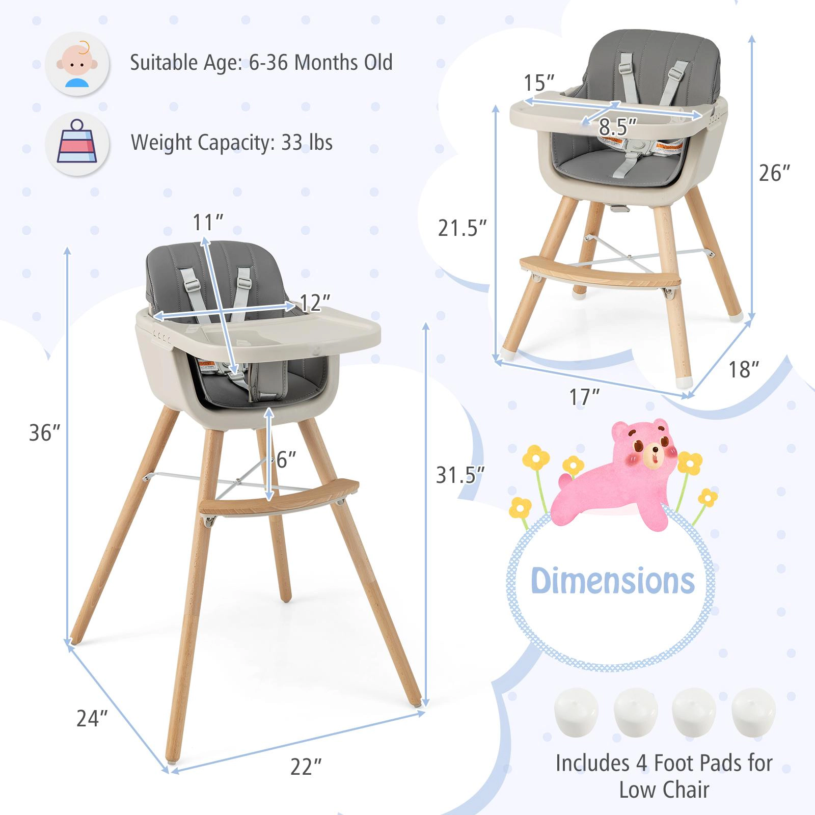 SUGIFT 3-in-1 Convertible High Chair Cushion 35-lb Capacity Ages 6 Months-3 Years 20.5-in High Chair 17.5-in Short