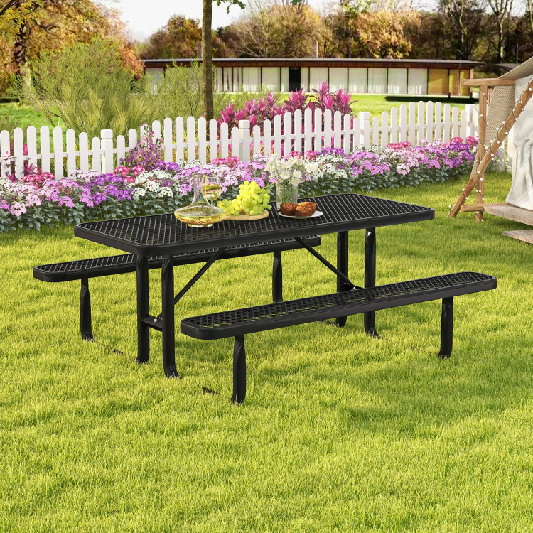 Hivvago 45 Inches Outdoor Round Picnic Table And Bench Set For 8 With Umbrella Hole-Black