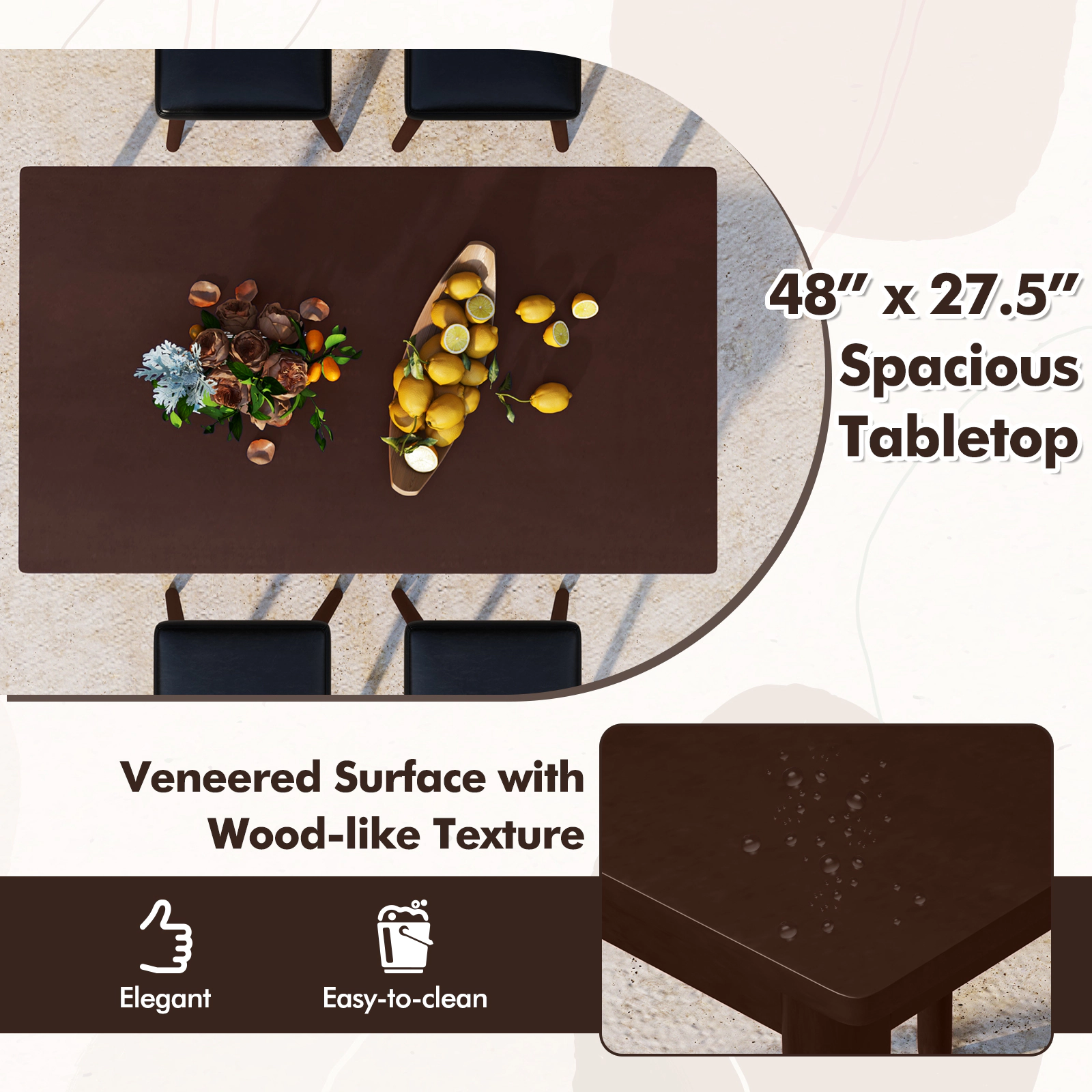 SUGIFT 5 Piece Dining Table Set for 4 with Upholstered PU Leather Stools 220-lb Tabletop 350-lb Seats 48 x 27.5-in Brown