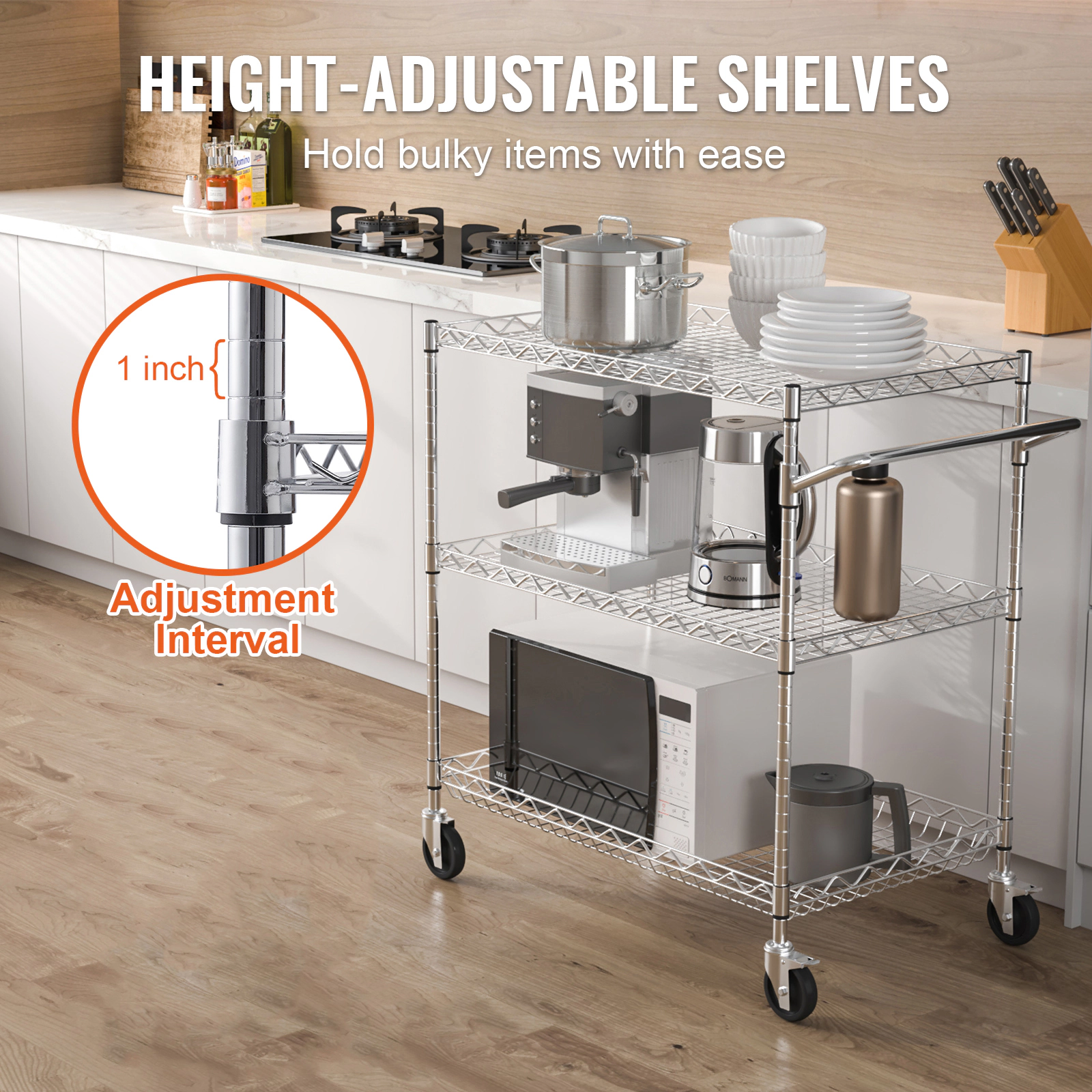 HONGGE 3-Tier Chrome Steel Kitchen Utility Cart, 661 lbs Heavy Duty Capacity, Adjustable Wire Storage Trolley