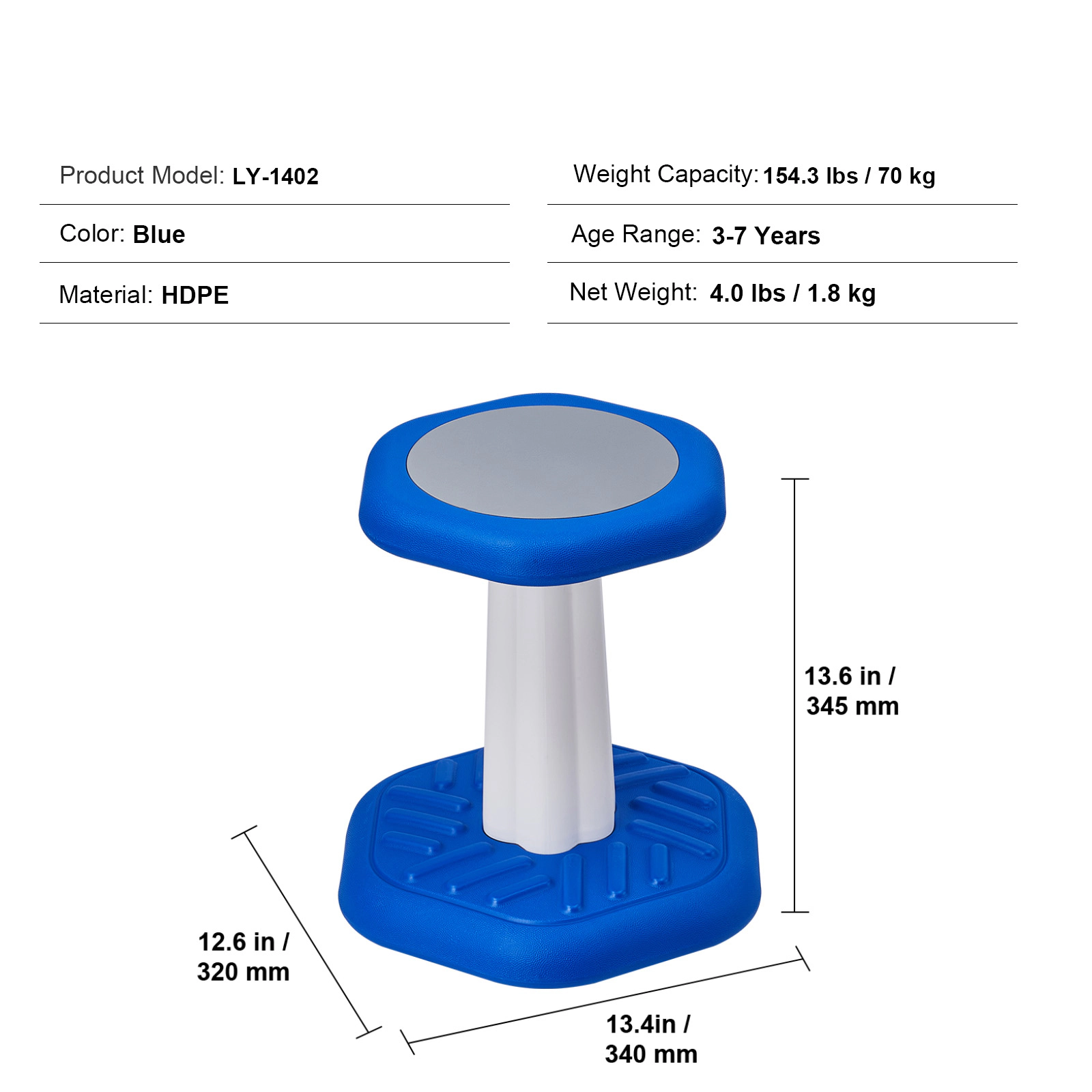 HONGGE Kids Wobble Chair for Ages 3-7, 360-Degree Swivel Stool with Cushioned Seat, Blue HDPE, Holds up to 154 lbs