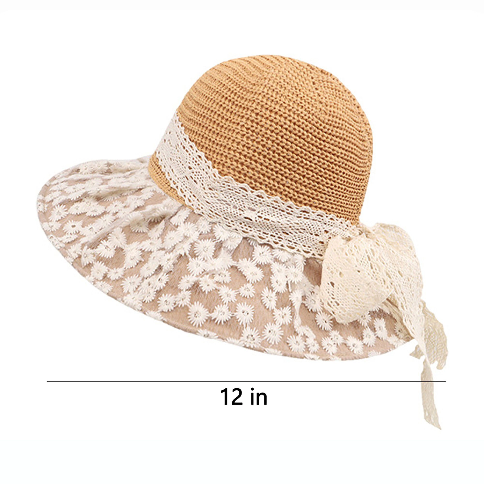 Anna-Kaci Women's Crochet Sun Hat with Lace Bow Accent and Embroidered Sheer Wide Brim - MauvePink
