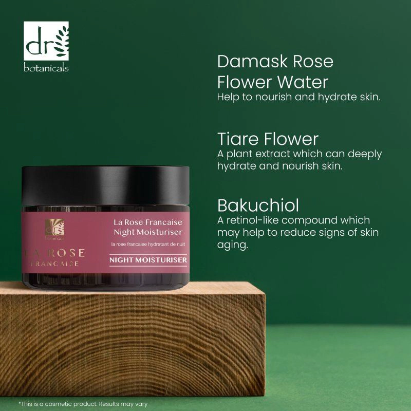 Dr Botanicals La Rose Française Night Moisturiser 50ml - Anti-Aging Bakuchiol Cream for Fine Lines & Dryness