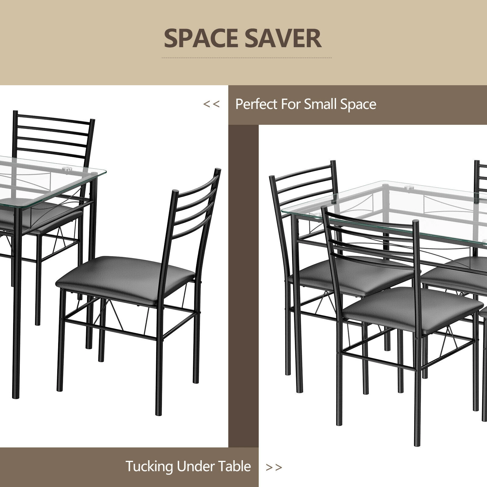 SUGIFT Tempered Glass Top 5-Piece Dining Set with Metal Frame Table 44-lb Capacity and 4 Upholstered Chairs