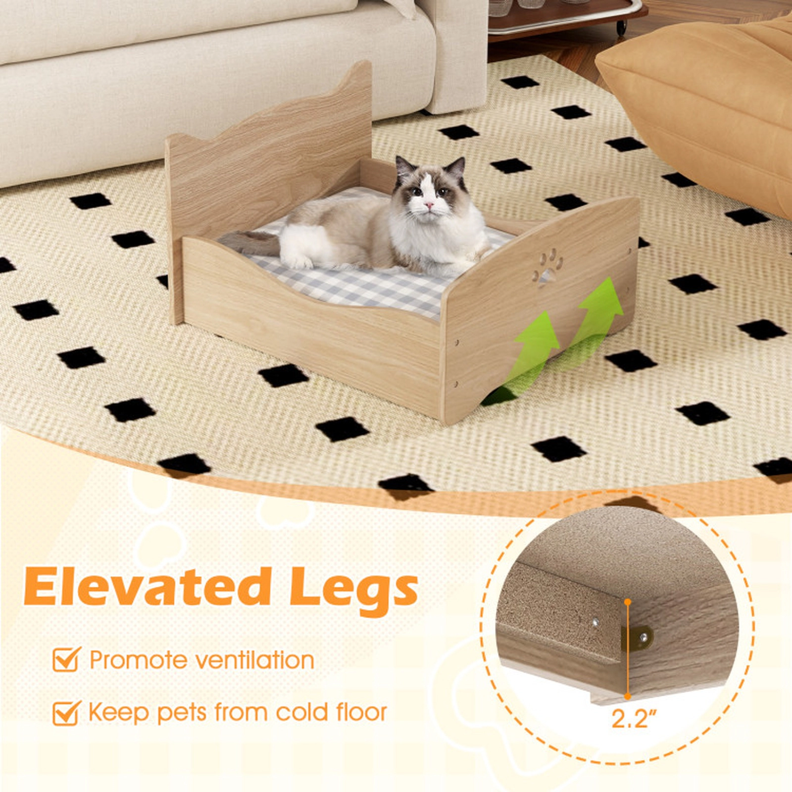 SUGIFT Elevated Pet Bed Frame with Guard Rails 44-lb Capacity Natural
