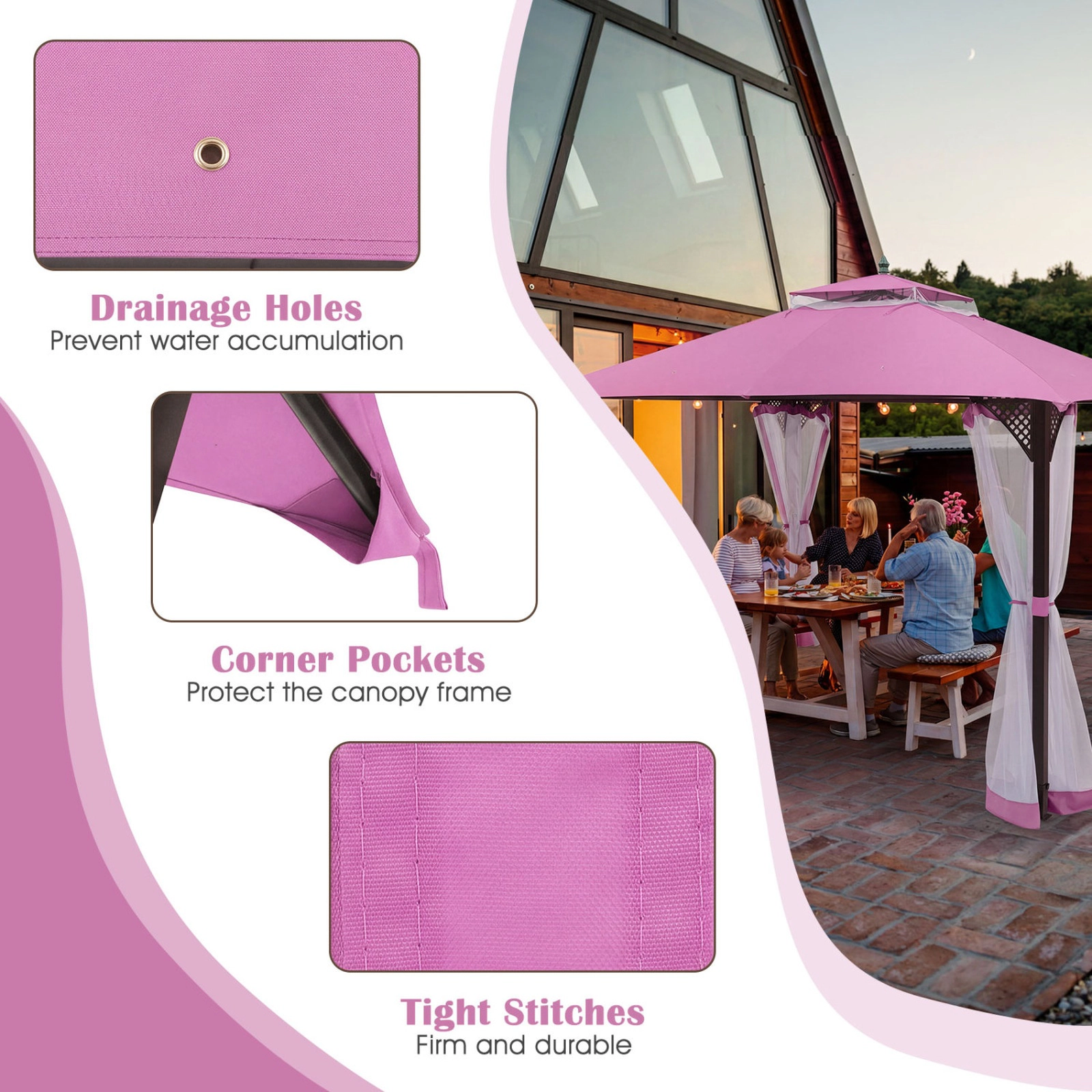 SUGIFT 10-ft x 12-ft Pink Gazebo Replacement Canopy Cover with Double Roof Mesh Vent and Waterproof Top