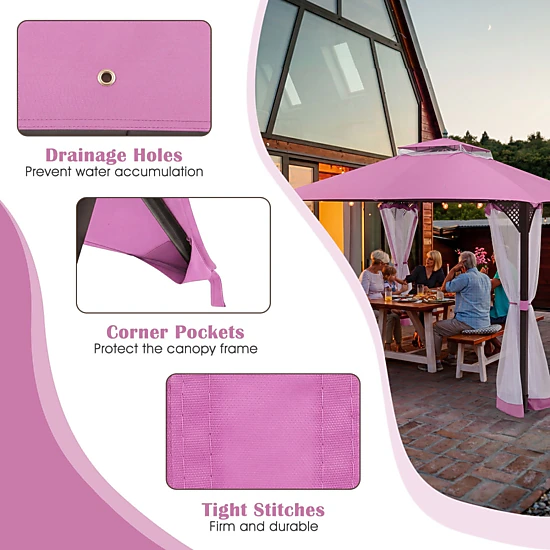 SUGIFT 10-ft x 12-ft Pink Gazebo Replacement Canopy Cover with Double Roof Mesh Vent and Waterproof Top