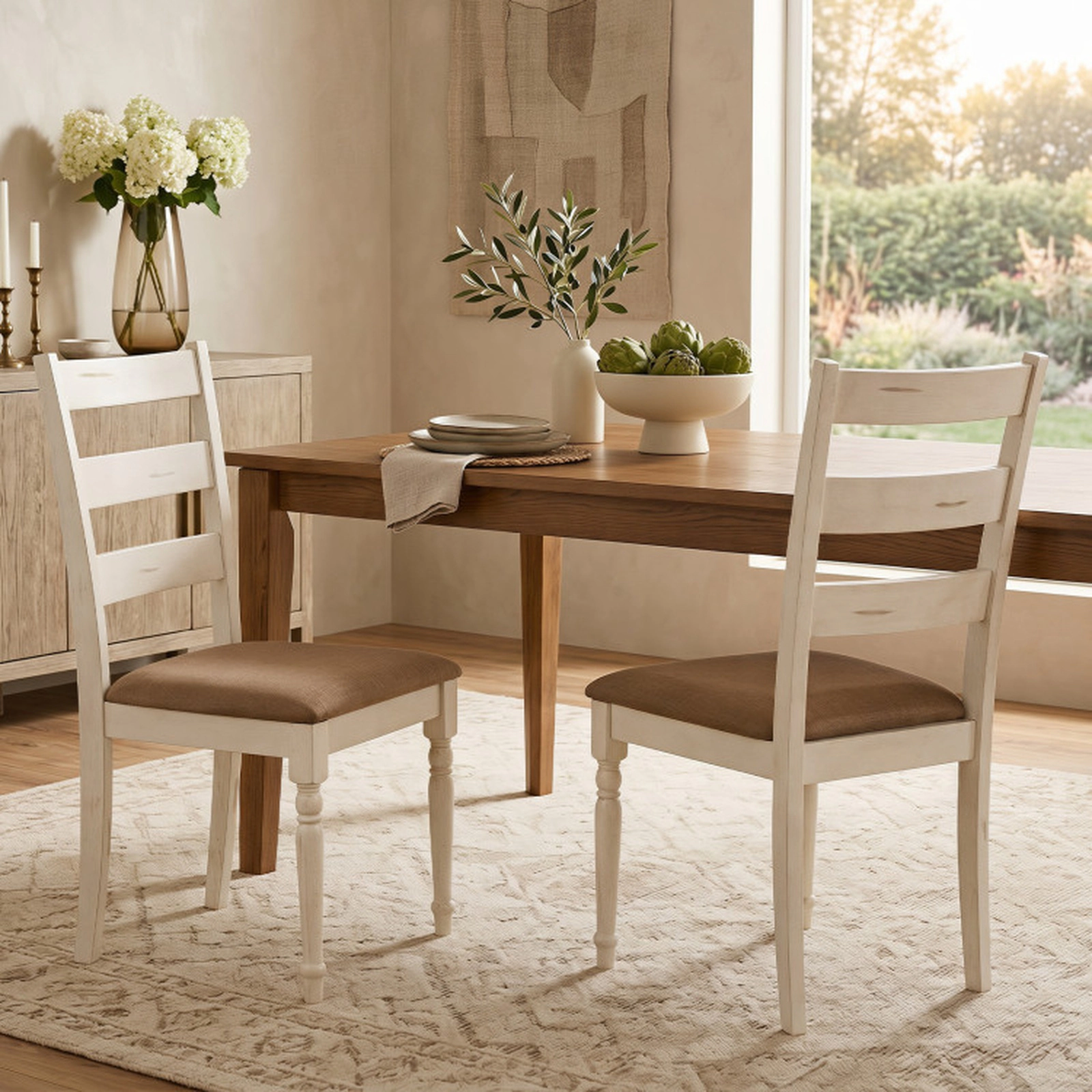 SUGIFT Rubber Wood Dining Chairs Set of 2 with Padded Linen Seat and Slatted Backrest 330-lb Capacity White Brown