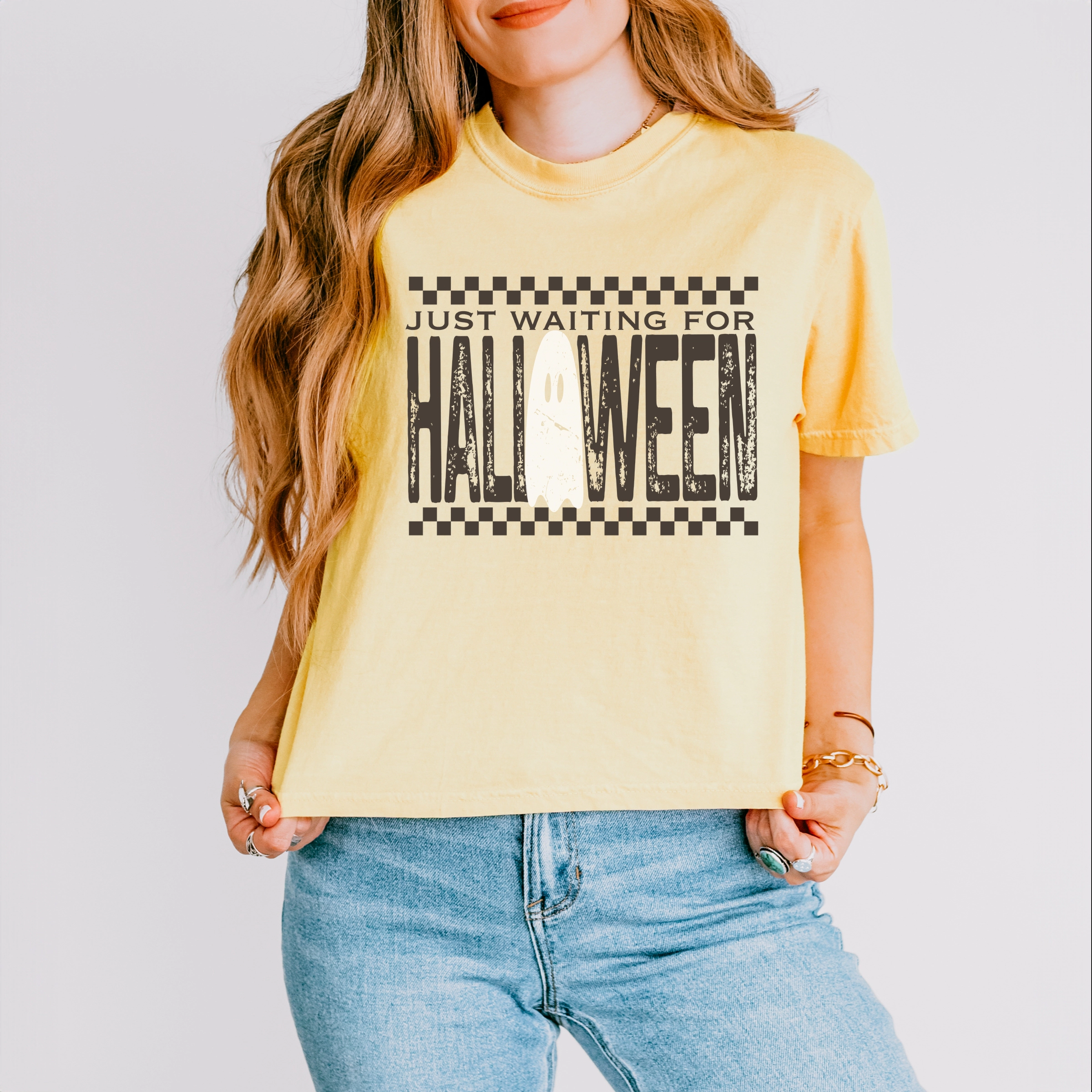 Simply Sage Market - Women's Boxy Crop Top Graphic T-Shirt Just Waiting For Halloween Checkered