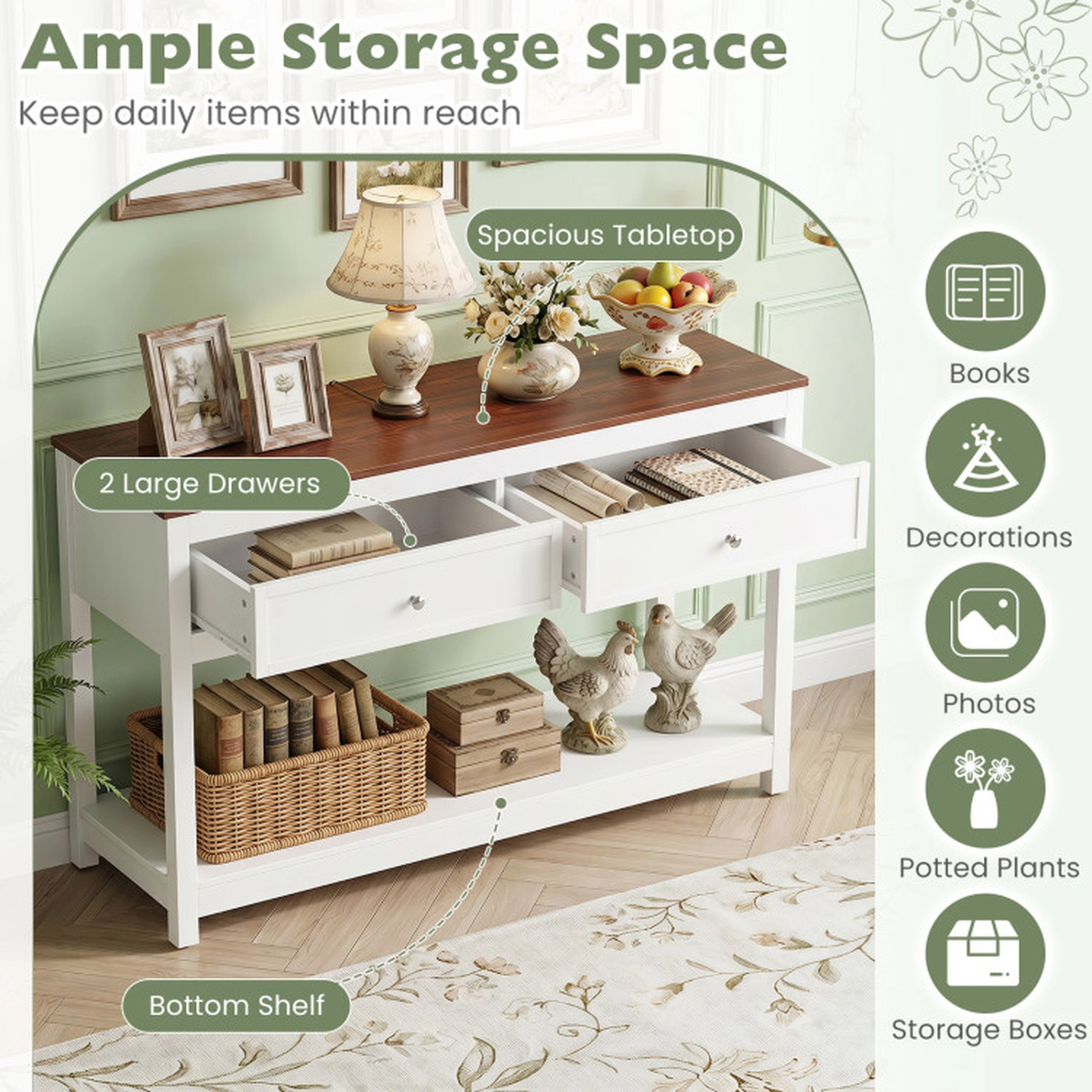SUGIFT 2 Drawers Open Shelf Brown Wood Grain Top Console Table 47-in x 15.5-in x 29.5-in 165-lb Capacity White