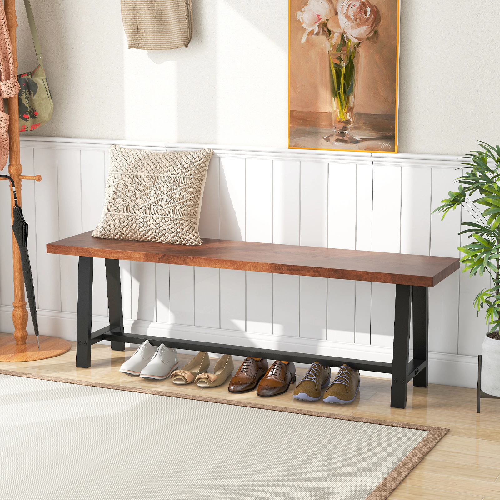 LJG 60 Inch Dining Bench 3 Person Entryway Shoe Bench with Metal Frame