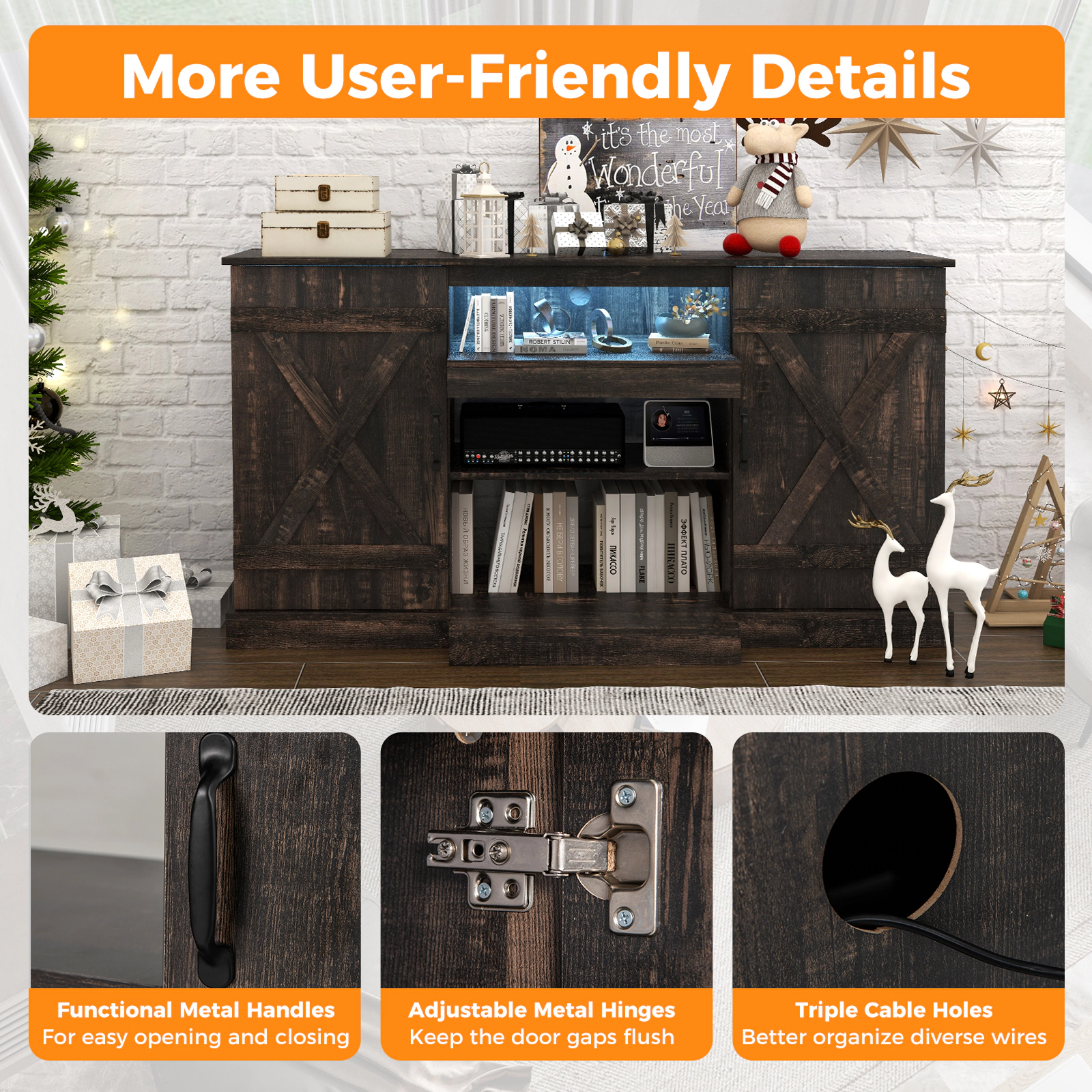 Glintex 59-Inch Rustic LED TV Stand with Central Fireplace Bay, Dark Rustic Oak