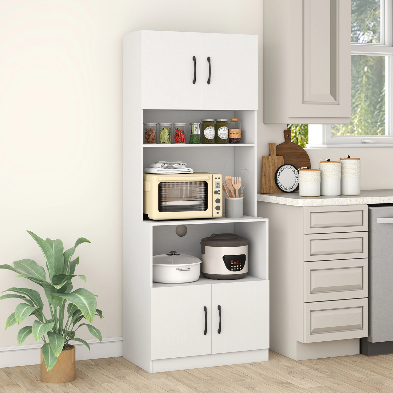 SUGIFT 66-in Charging Station Soft-Close Doors Kitchen Pantry Cabinet 25.5-in x 15-in x 66-in 242-lb Capacity White