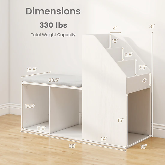 LJG Shoe Storage Bench with Removable Seat Cushion and 6 Storage Compartments