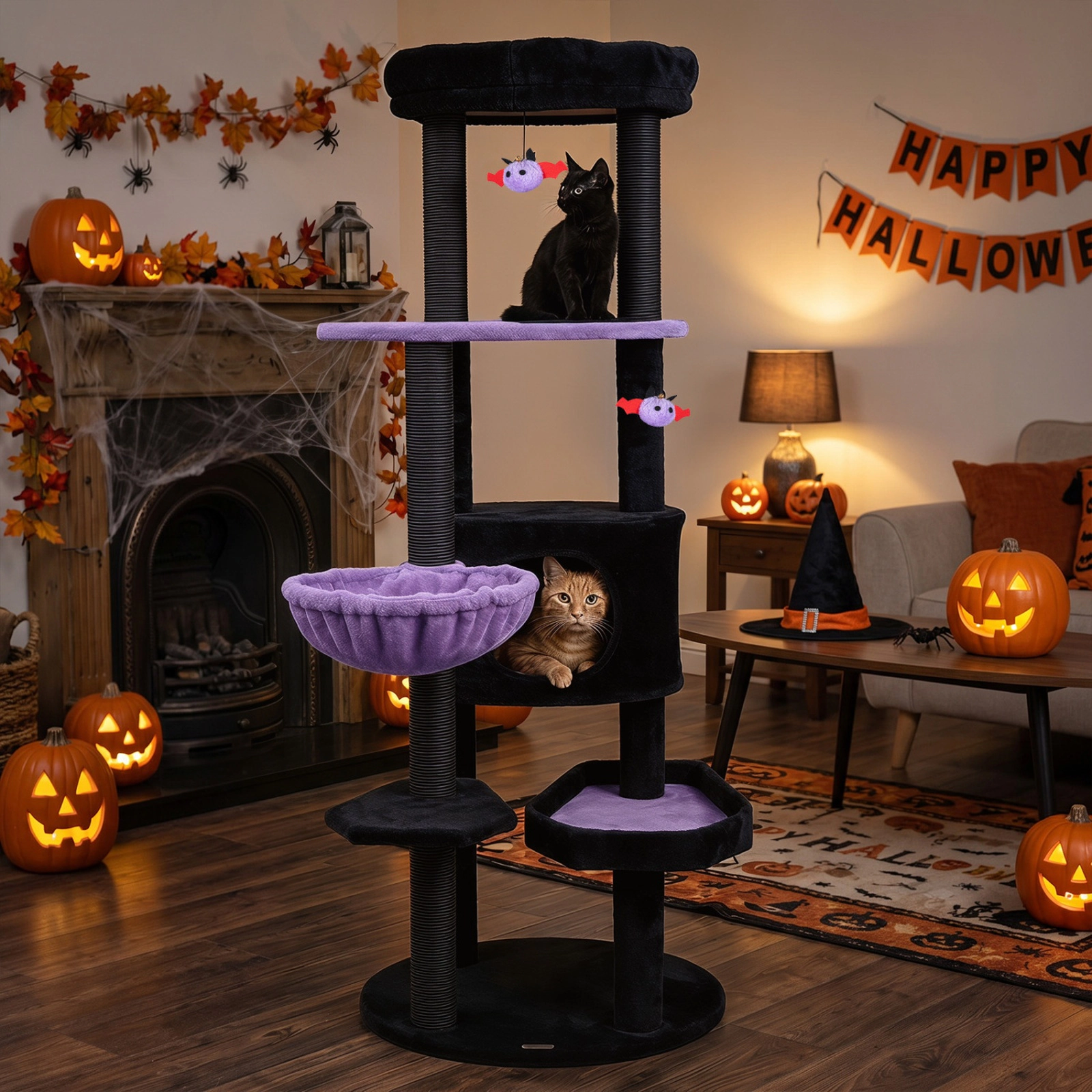 SUGIFT 60 in Gothic Cat Tower Purple with Coffin Bed Plush Perch and Spider Hanging Toys