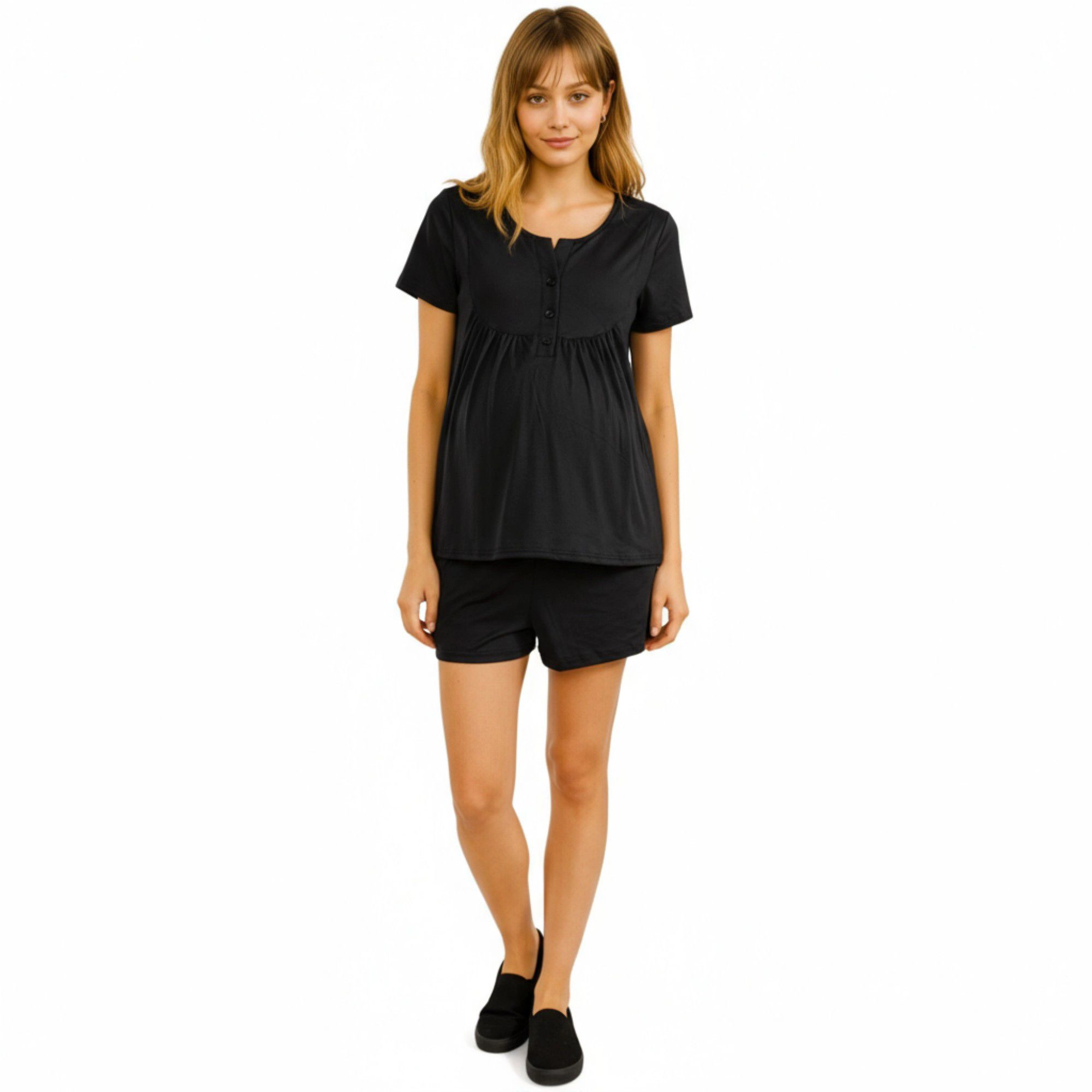 Anna-Kaci Women's 2-Piece Maternity Pajama Set with Short Sleeve Henley Top and Stretch Shorts
