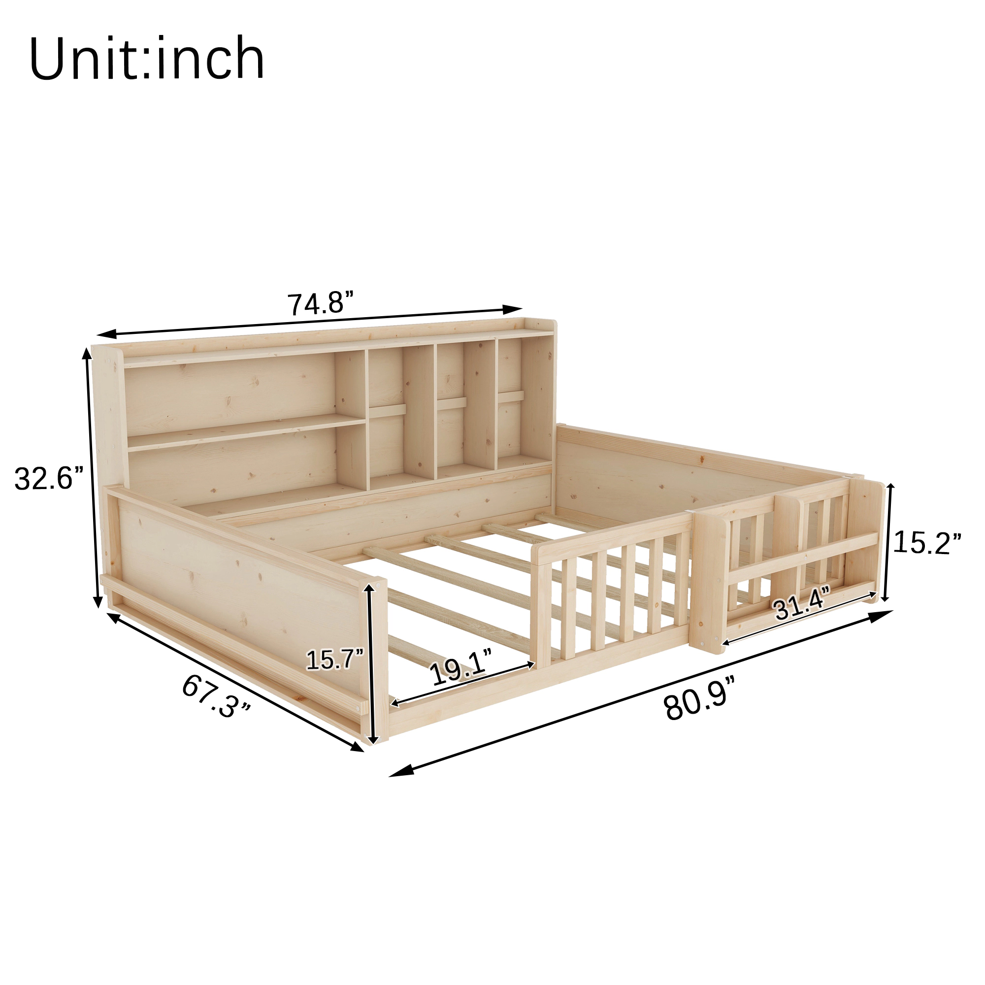 Flynama Full Kids Wood Platform Bed, Guardrail Fence & Storage Shelves, Natural