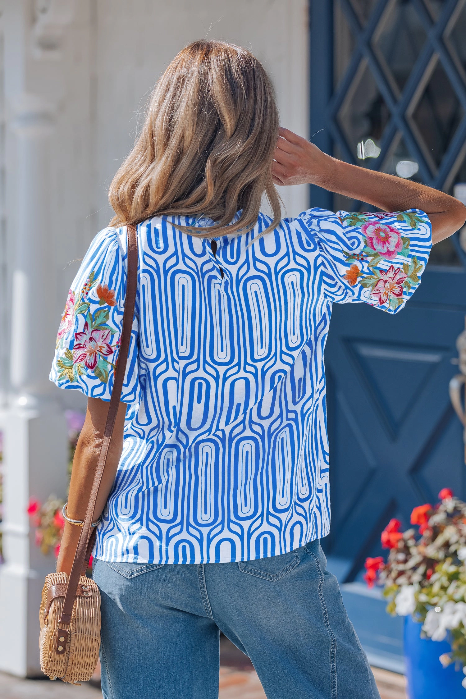 Aadhya Embroidered Puff Sleeve Blouse - Sky Blue
