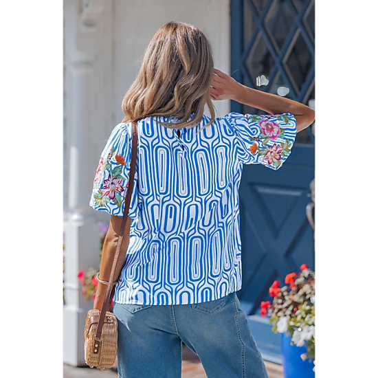 Aadhya Embroidered Puff Sleeve Blouse - Sky Blue