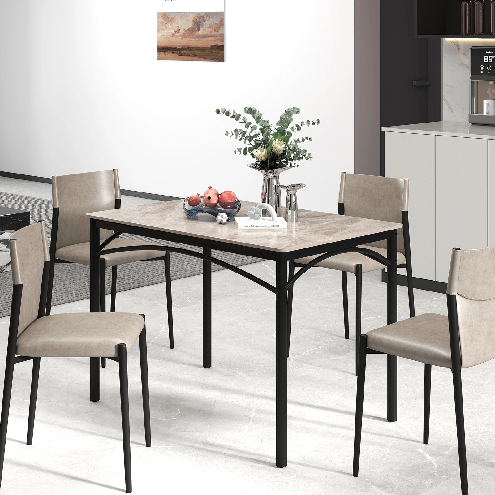 SUGIFT Rectangular Sintered Stone Dining Table for 4 People with Metal Frame 220-lb Capacity Gray + Black