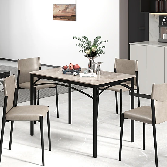 SUGIFT Rectangular Sintered Stone Dining Table for 4 People with Metal Frame 220-lb Capacity Gray + Black