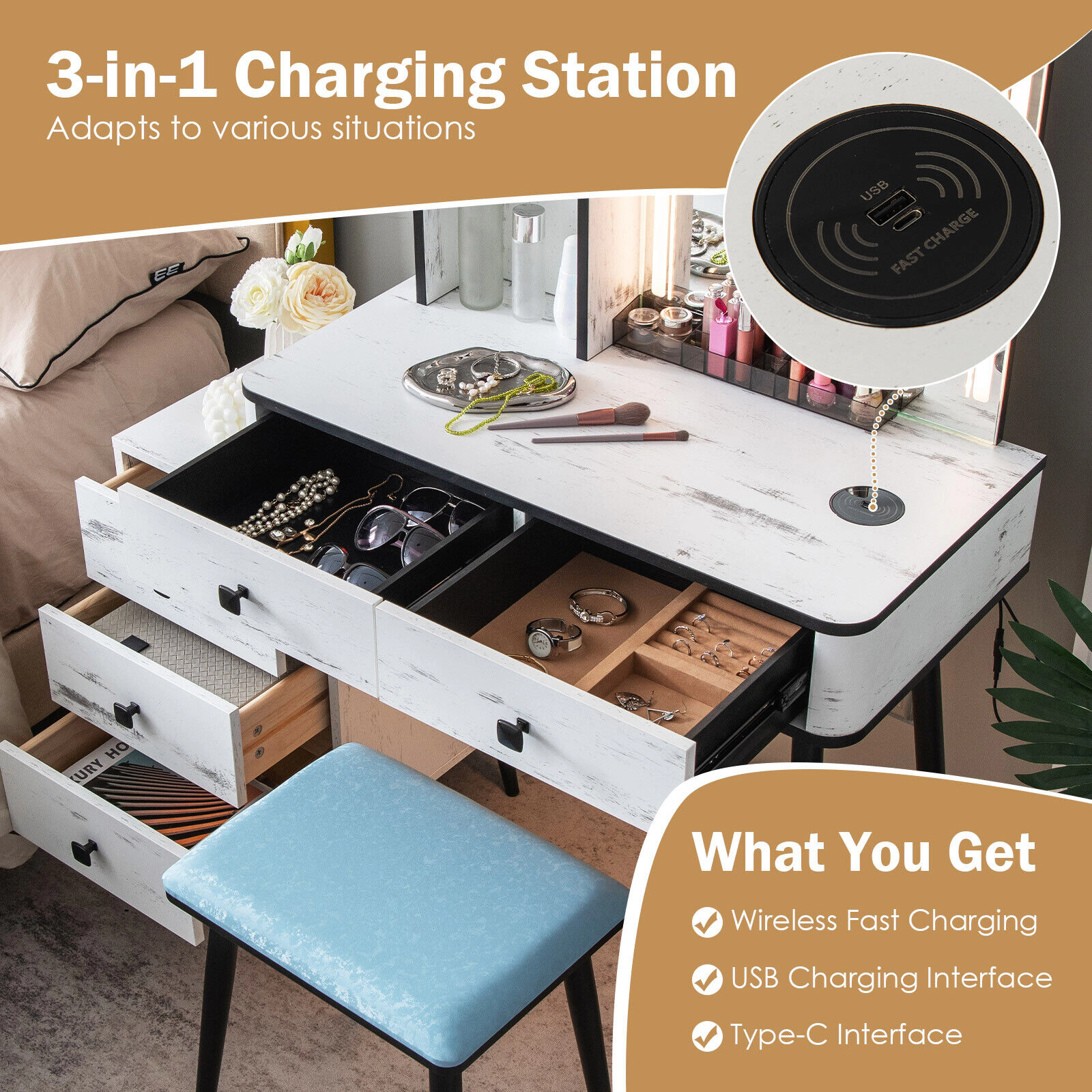 SUGIFT LED Lighted Mirror Vanity Makeup Table Set with Charging Station 110-lb Tabletop 330-lb Stool Capacity 4-Piece