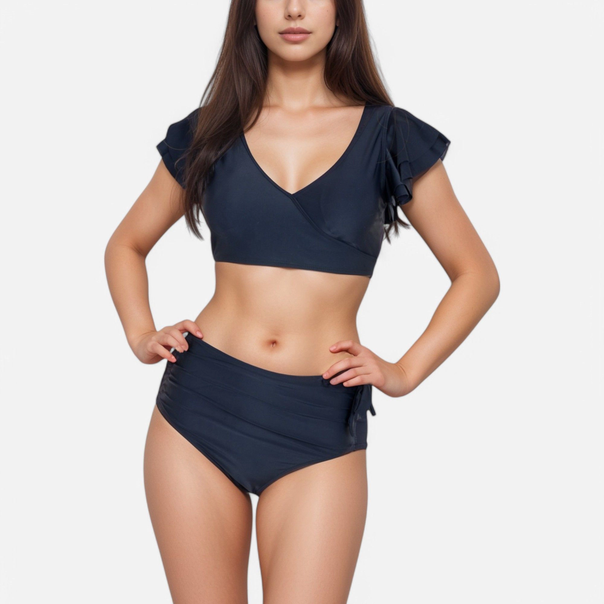 Anna-Kaci Women’s Two-Piece Bikini Set - Flutter Sleeve Wrap Top, High-Waist Ruched Bottoms