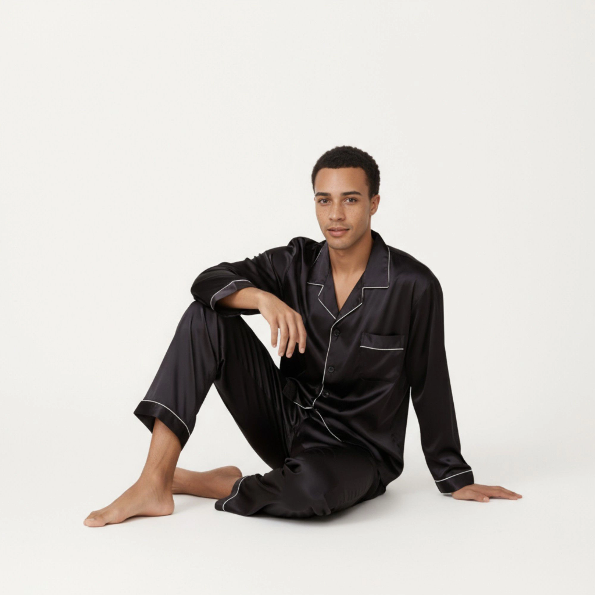 Anna-Kaci Men's 2-Piece Satin Pajamas with Contrast Piping and Button Up Top