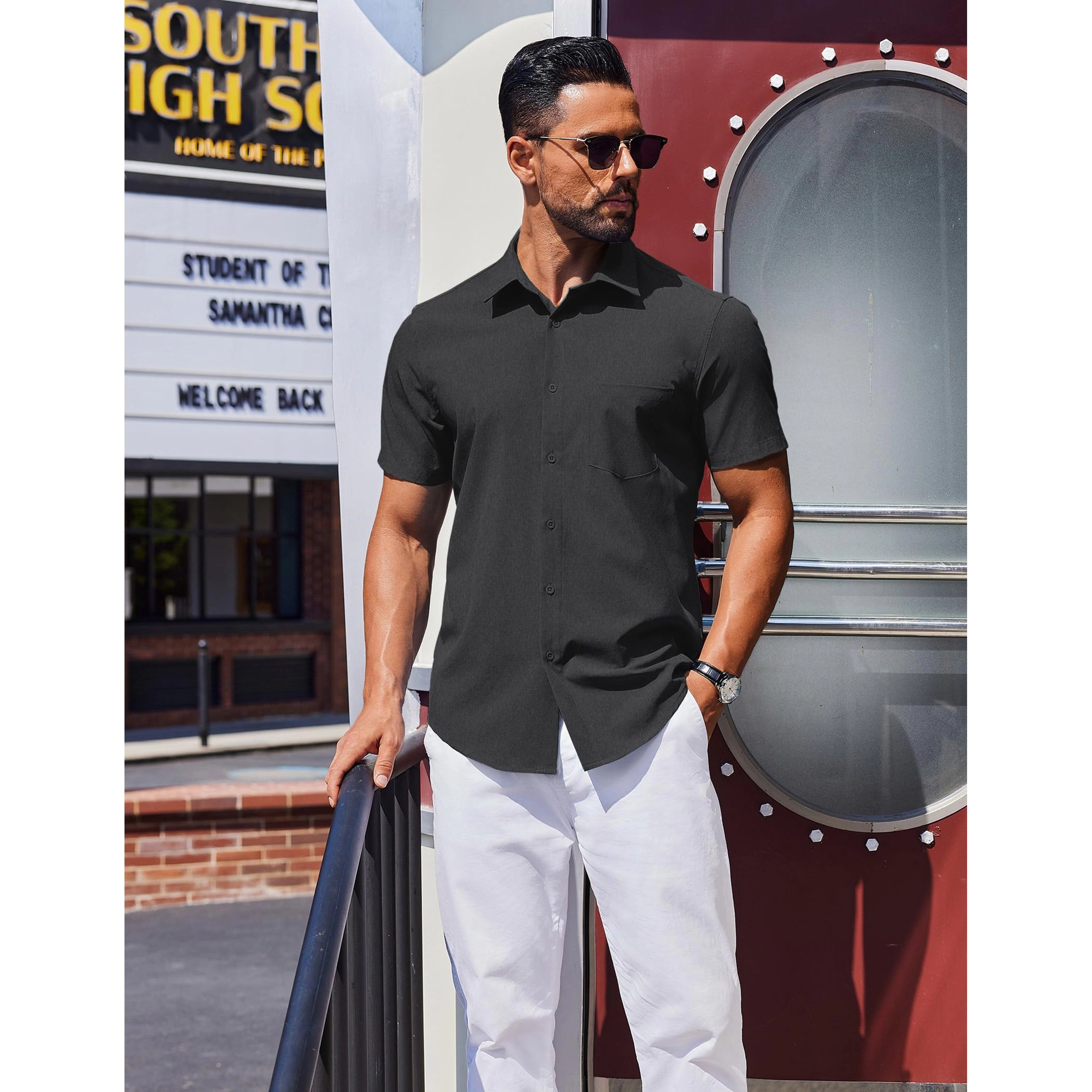COOFANDY Mens Short Sleeve Button Down Shirt Classic Collar Chest Pocket Casual Top