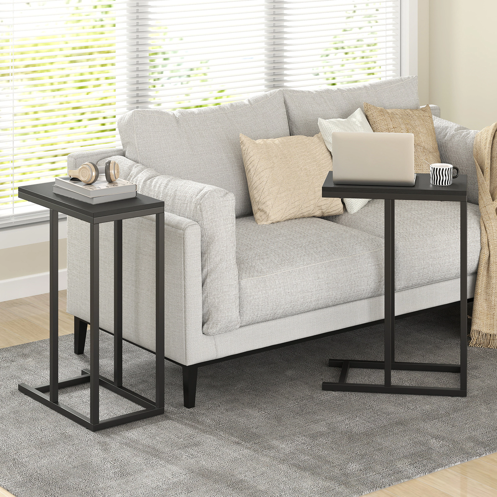 SUGIFT 25-Inch C-Shaped End Table, Sofa Side Table with Black Metal Frame