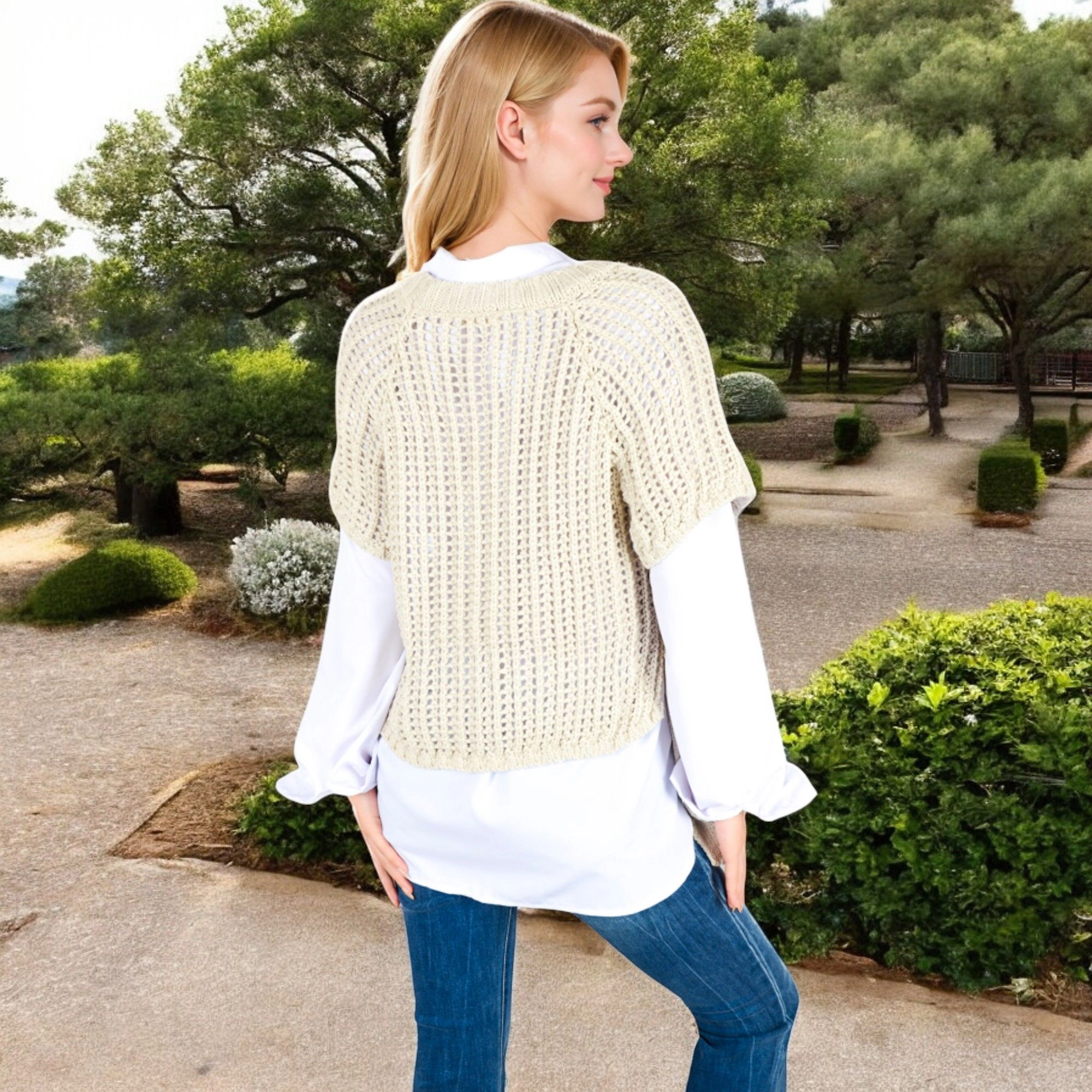 Anna-Kaci Women's Open Knit Pullover Sweater Vest with Cap Sleeves