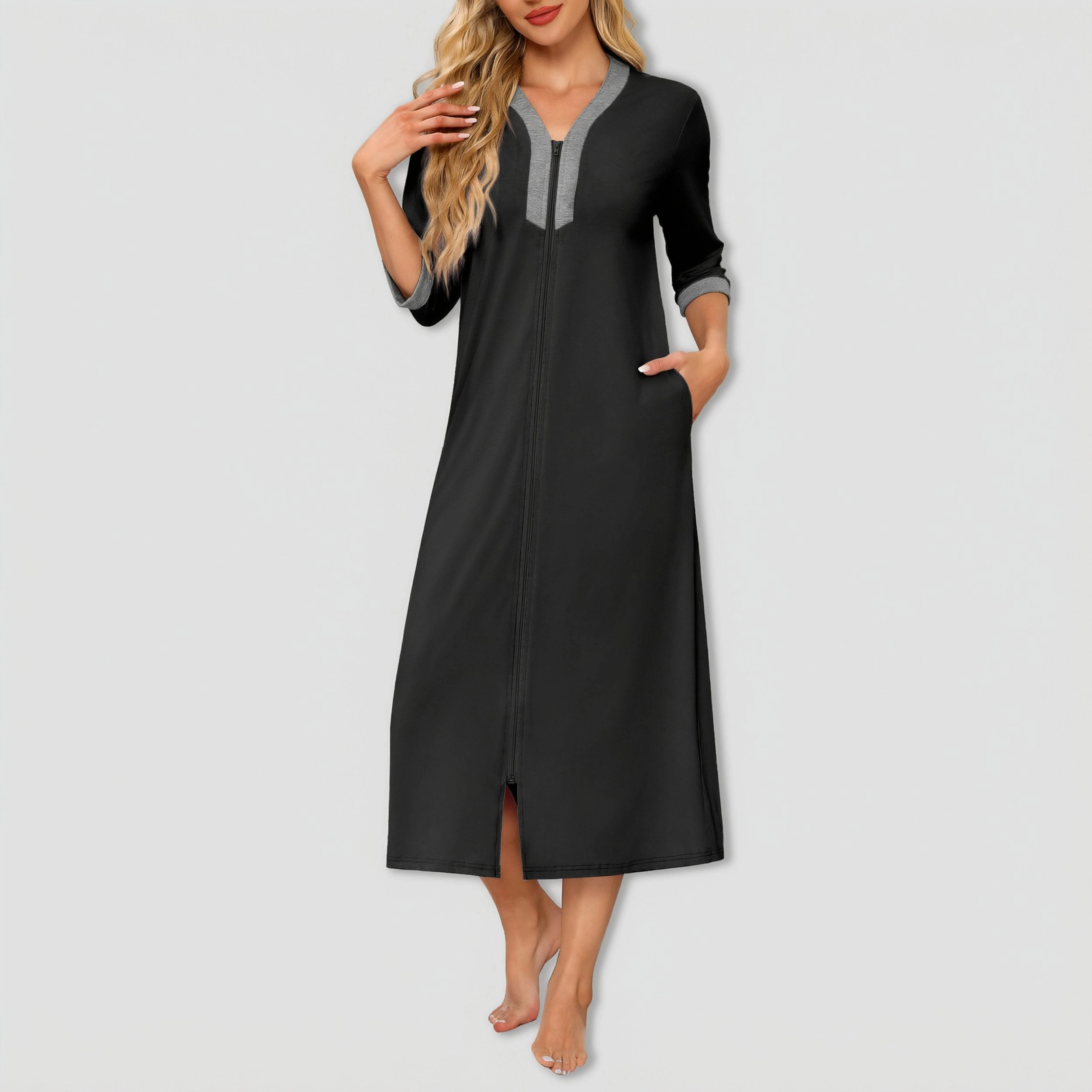 Ekouaer Women's Zipper Robe 3/4 Sleeves Housecoat Full Length Nightgown Soft Loungewear