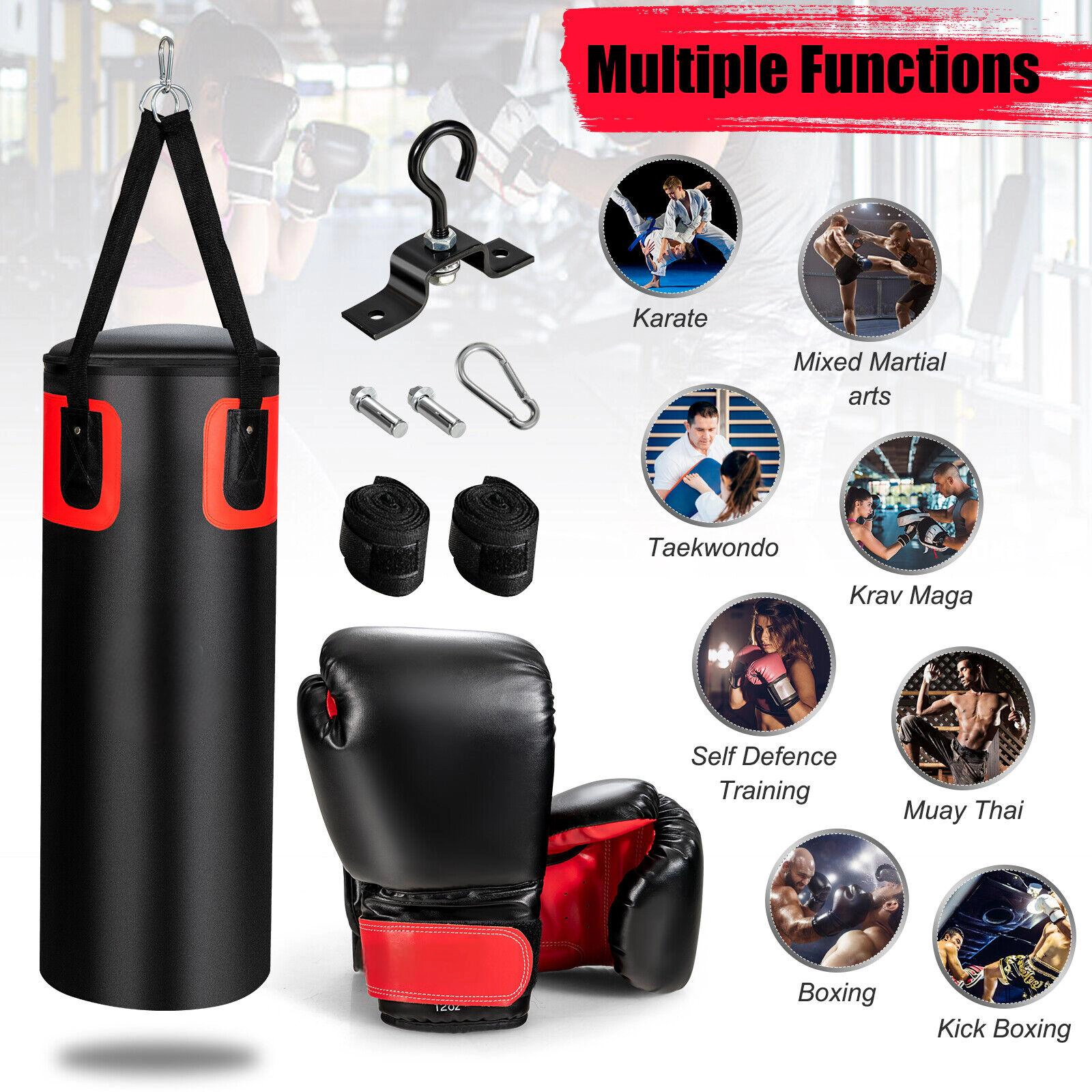 SUGIFT Black and Red 56-lb Adult Filled Punching Bag Set with Boxing Gloves 12-in W 12-in D 31.5-in H