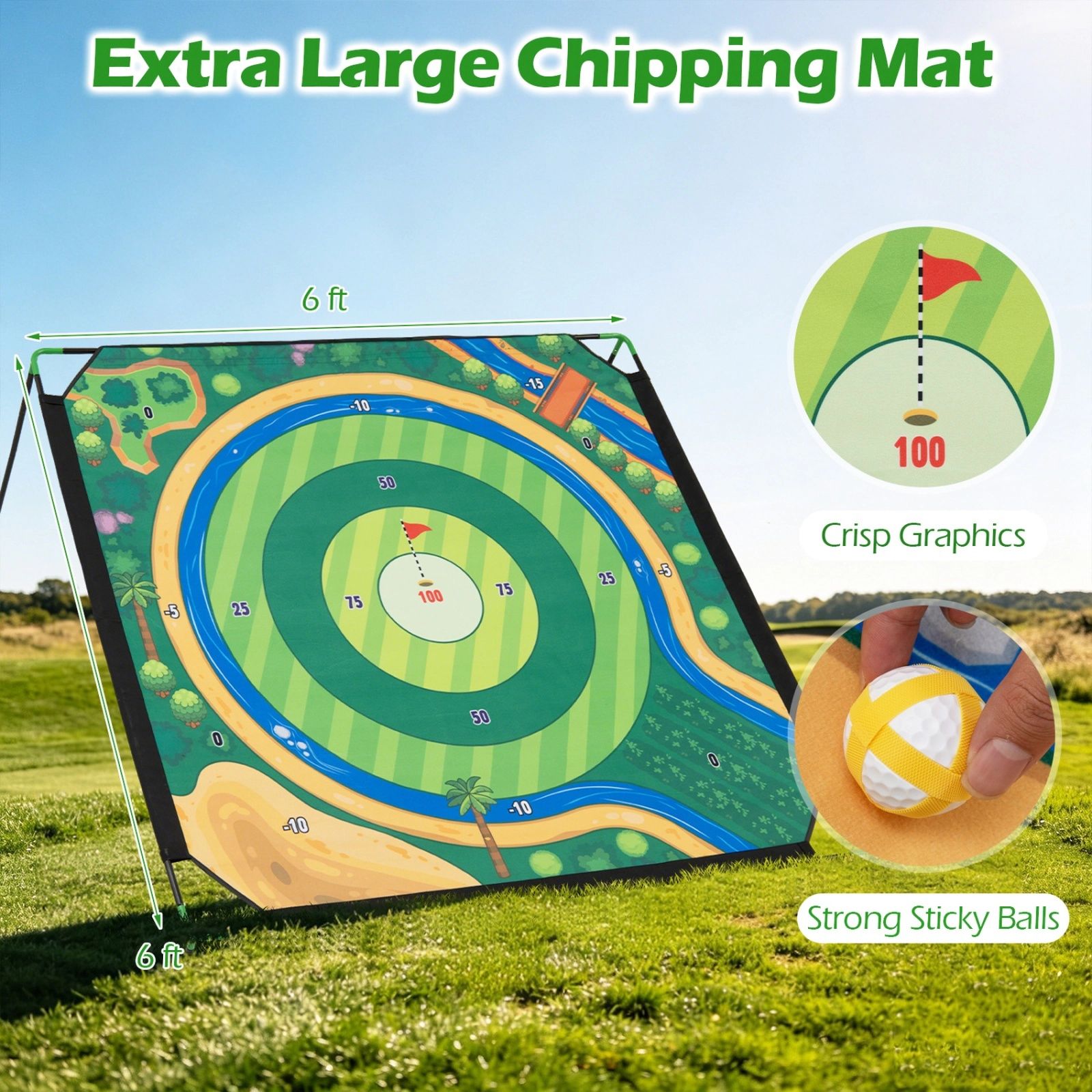 6-ft x 6-ft Golf Chipping Game Set with 24 Sticky Balls Adjustable Target Angle and 2 Clubs Backyard Indoor Outdoor