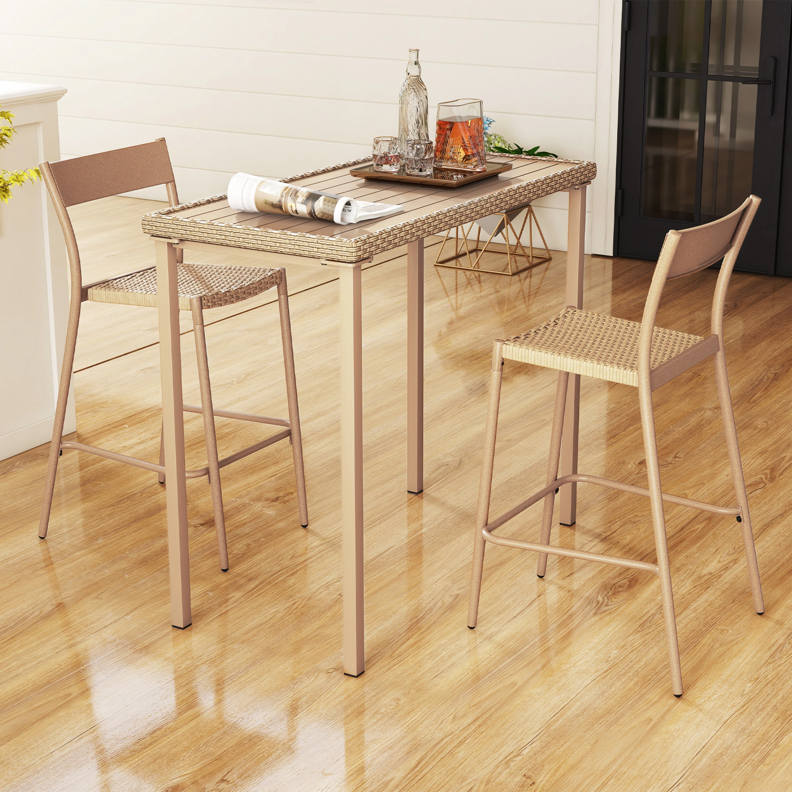 SUGIFT 3-Piece Outdoor Patio Bar Set, 48-Inch Table and 2 Stackable Armless PE Rattan Chairs
