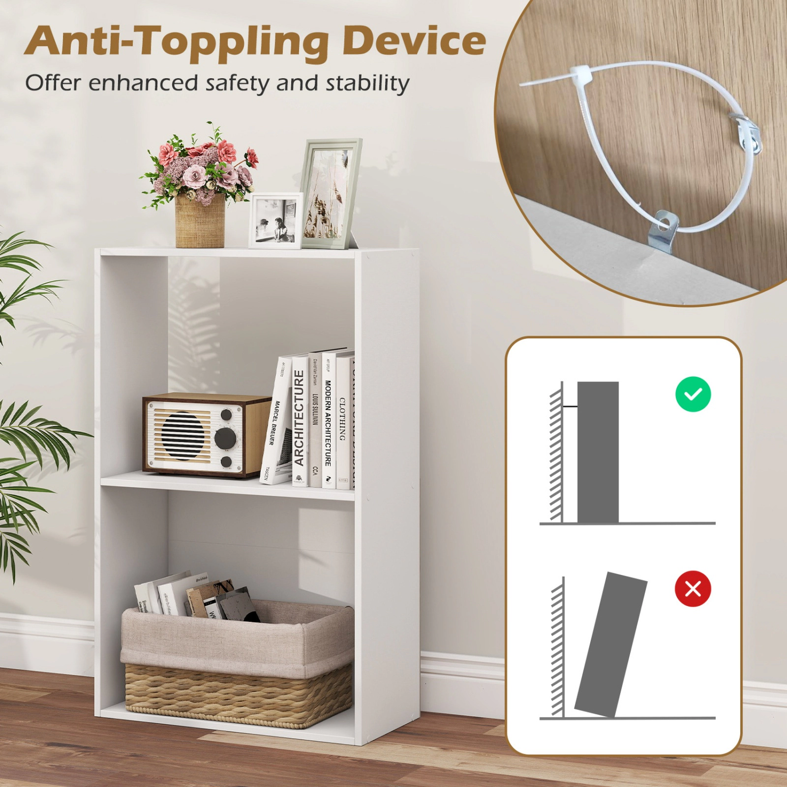 SUGIFT Set of 2 3-Tier White 31-in Narrow Open Display Bookshelf Nightstand with Anti-Toppling Kits