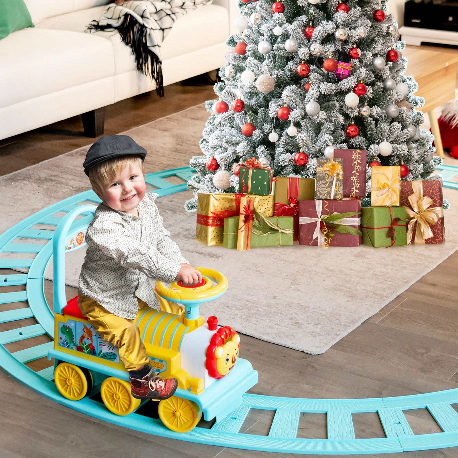 Costway 6V Electric Kids Ride On Train Motorized Toy w/ Track & 6 Wheels Blue