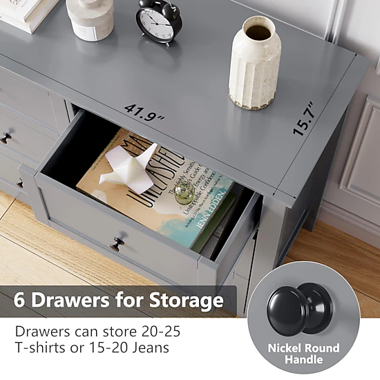 BebreezChic 6-Drawer MDF Double Dresser for Bedroom,GREY