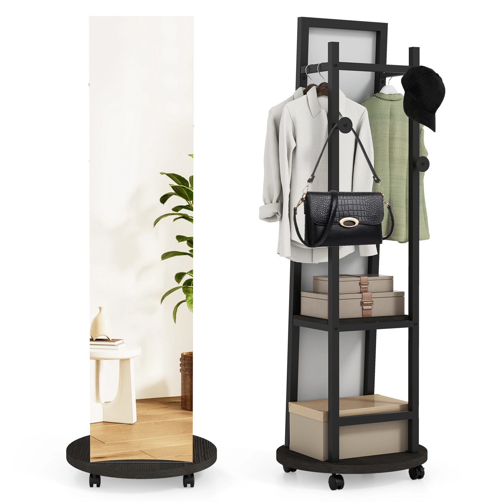 SUGIFT Coat Rack with Full Length Mirror Walnut Freestanding Coat Tree on Wheels