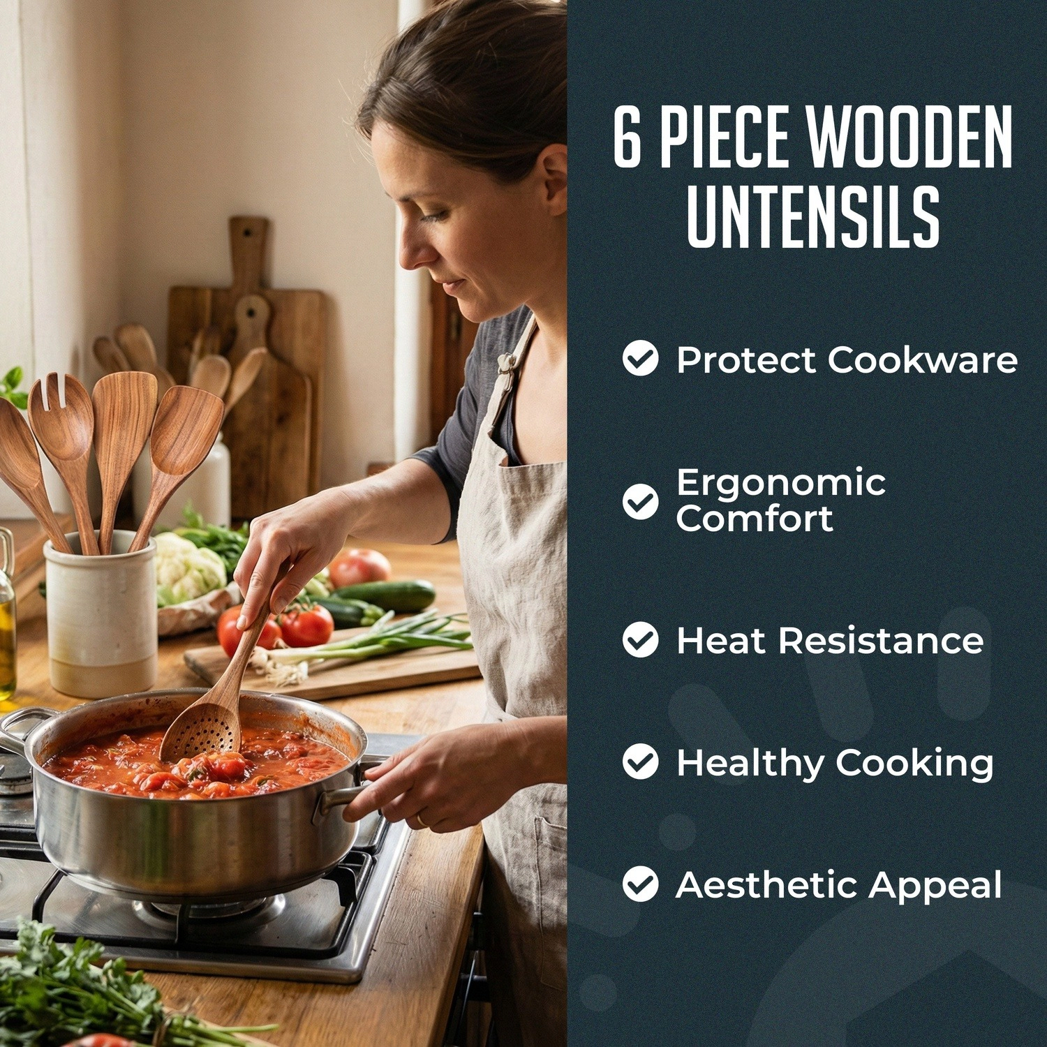 Luminuxe Premium Natural Teak Wood Kitchen Utensil Set, 6pc Wooden Cooking Utensils Set, Non-Stick Hand Wash