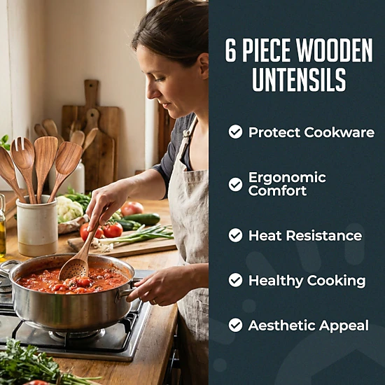 Luminuxe Premium Natural Teak Wood Kitchen Utensil Set, 6pc Wooden Cooking Utensils Set, Non-Stick Hand Wash