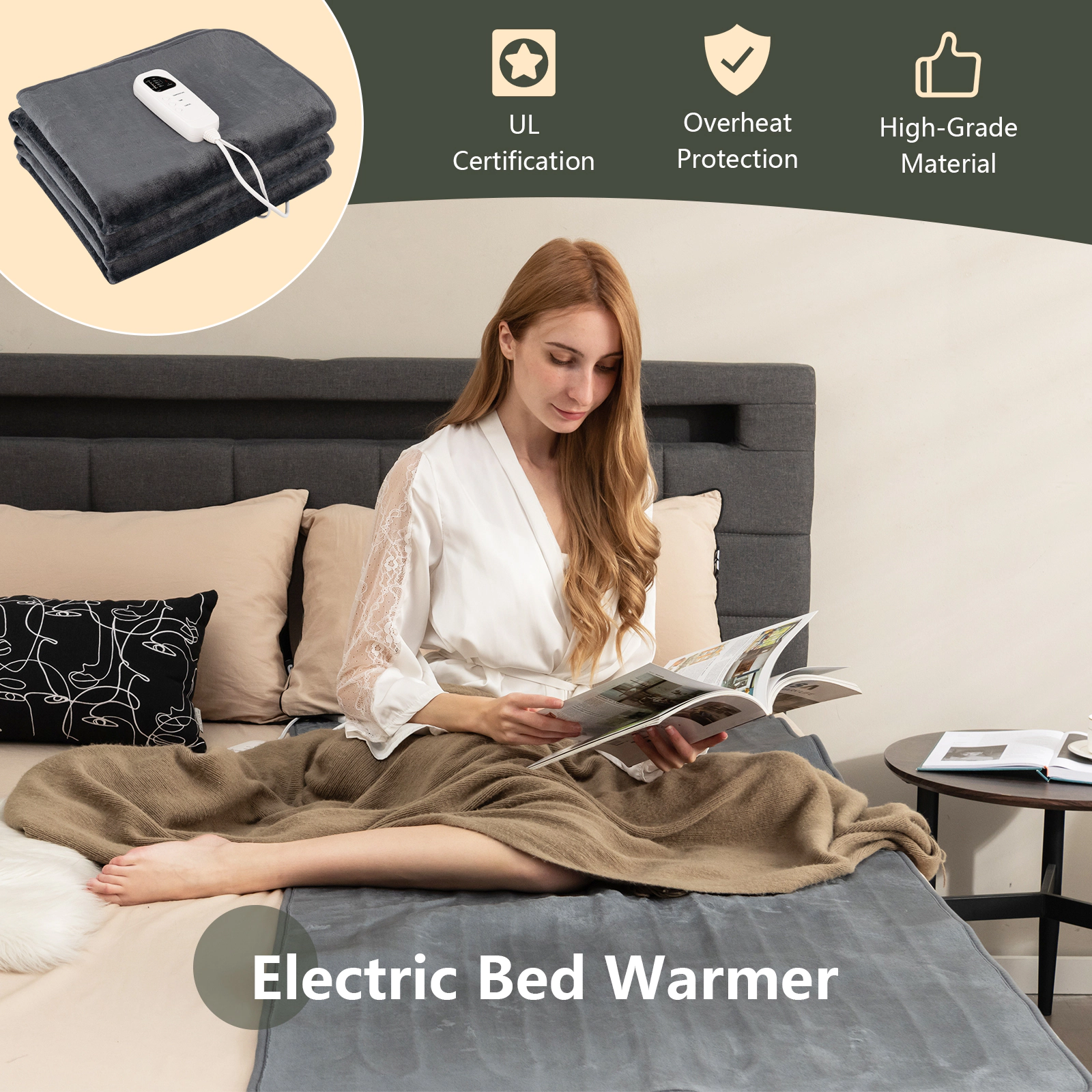 SUGIFT Twin Size 5 Heat Levels 8-Hour Auto Off Flannel Electric Heated Mattress Pad 71-in x 30-in 120V 71W Gray