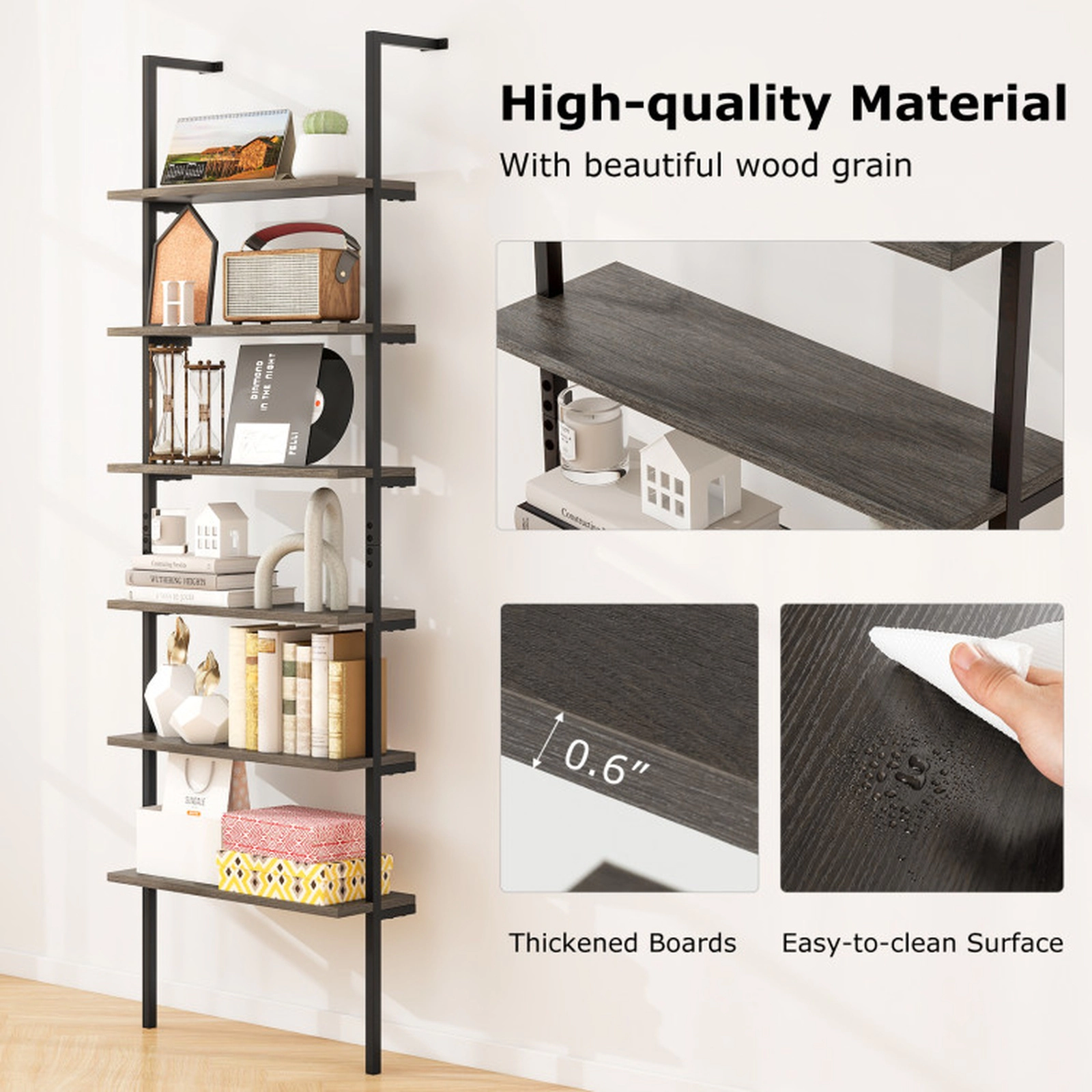 SUGIFT Gray 6-Tier Ladder Shelf 72 in Industrial Wall Mounted Bookshelf
