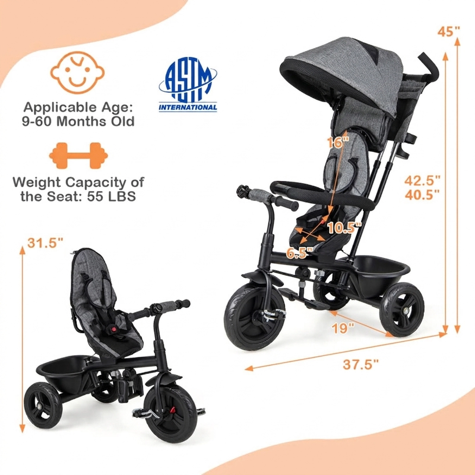 SUGIFT Gray 55-lb Capacity 4-in-1 Baby Trike Toddler Tricycle with 3 All-Terrain Wheels and Cup Holder