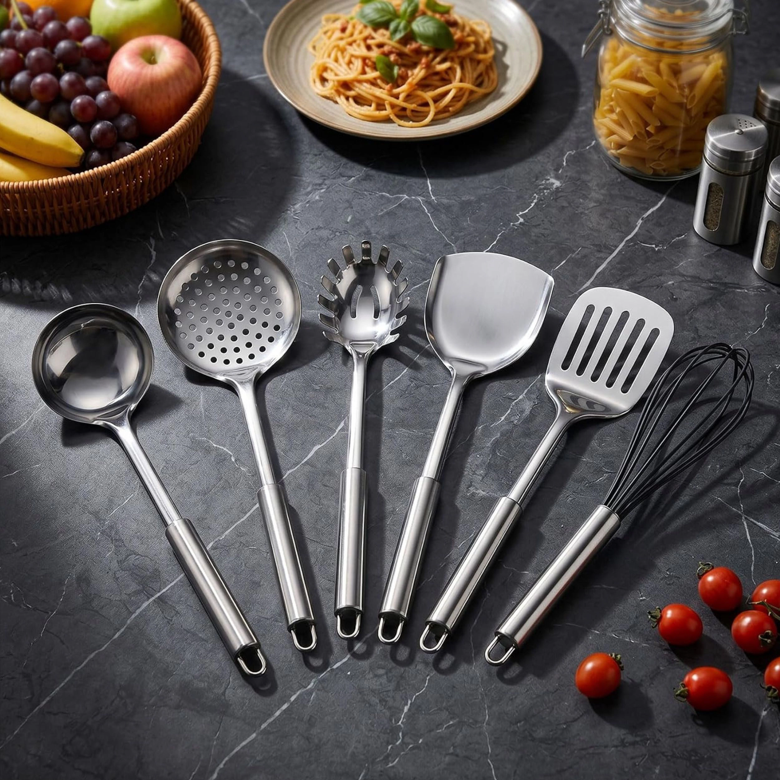 Stock Preferred Stainless Steel Cooking Utensils Set with Long Handles Kitchen Tools Pack of 6