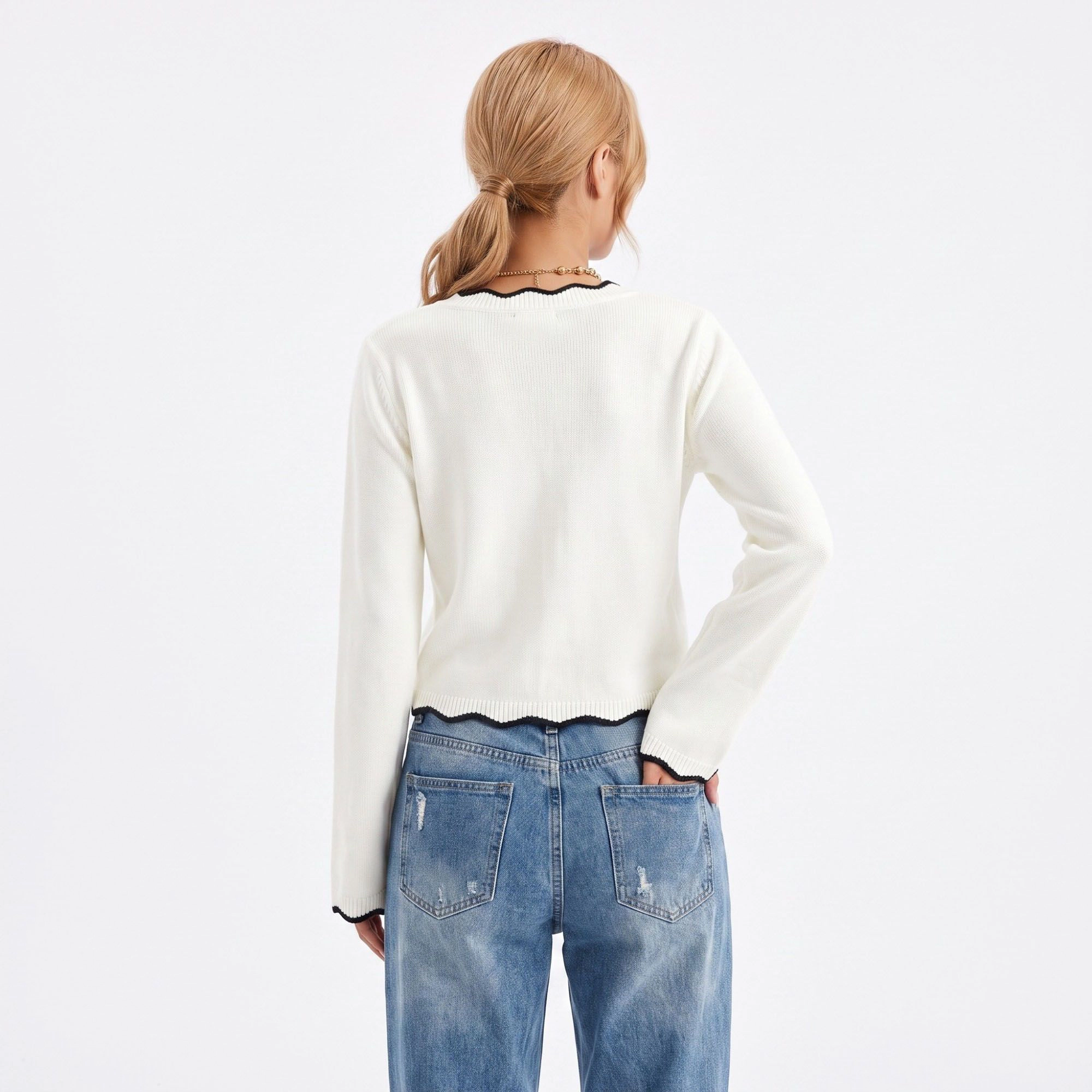 Anna-Kaci Women's Contrast Trim V Neck Sweater Flare Sleeve Scalloped Hem Knit Pullover