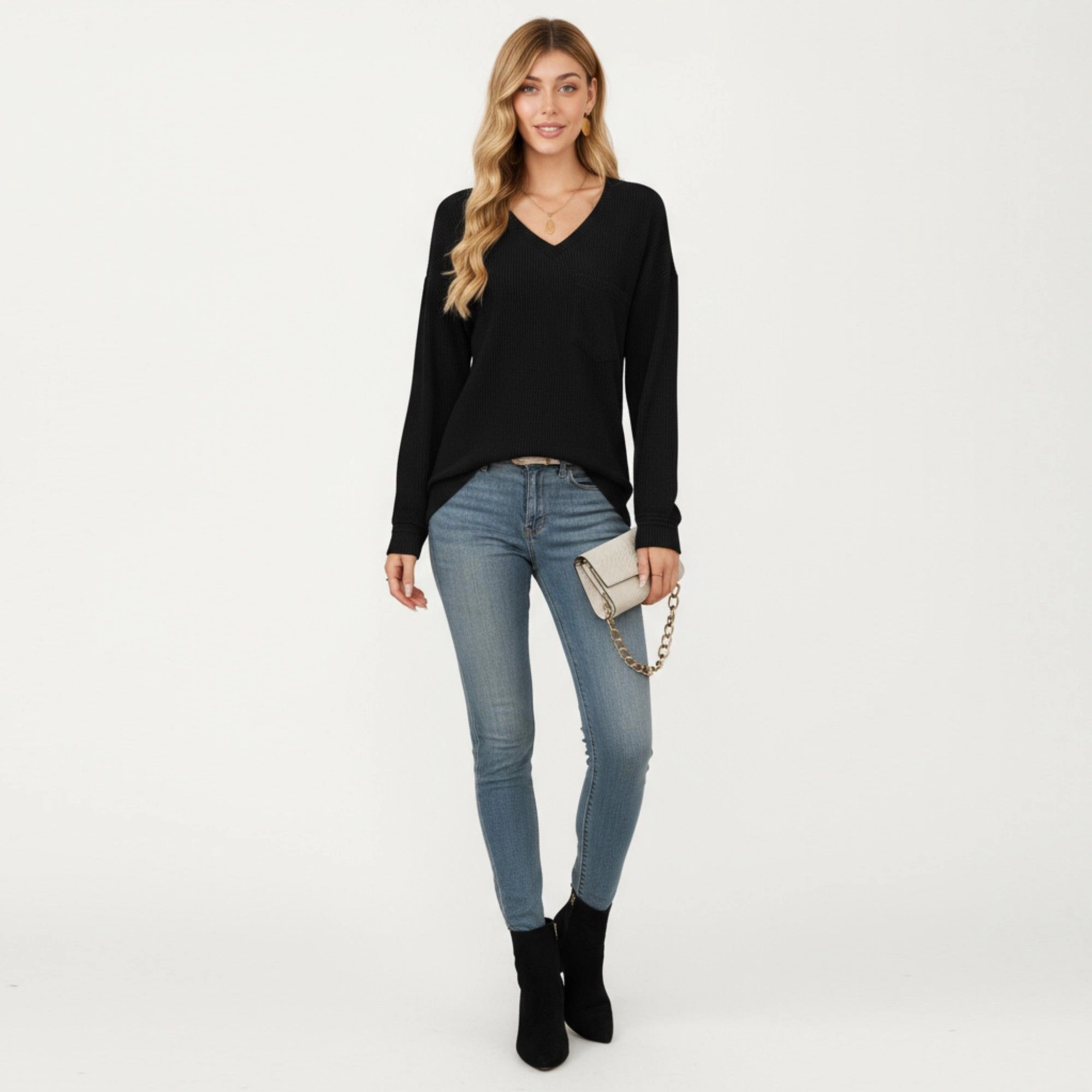 Anna-Kaci Women's V-Neck Long Sleeve Knit Top with Chest Pocket and Relaxed Fit