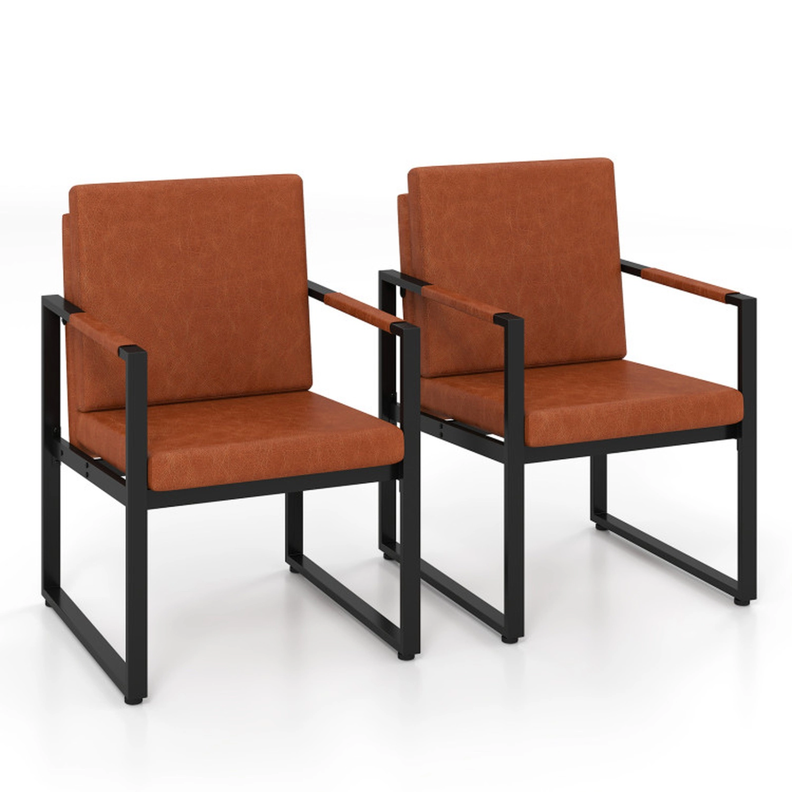 SUGIFT Brown Metal Frame Set of 2 Mid Century Modern Faux Leather Sofa Chairs