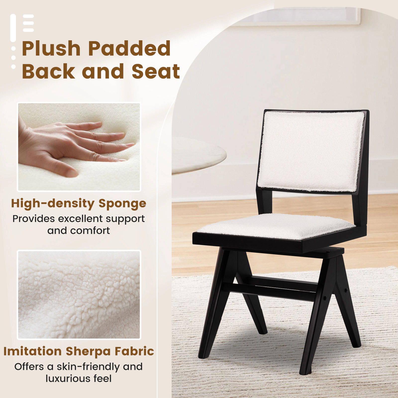 SUGIFT Swivel Wooden Dining Chair 265-Lb Capacity Black and White Faux Sherpa Seat