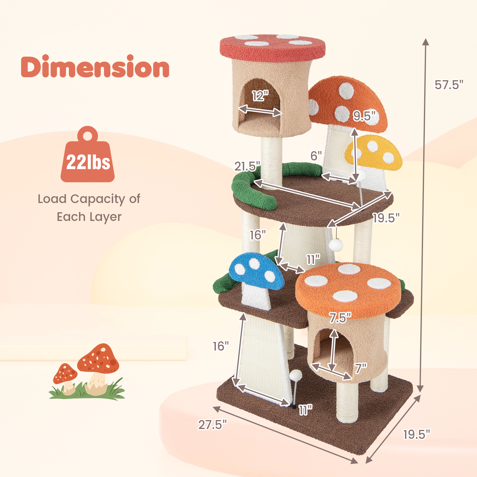 SUGIFT 57.5-in Tall 4-in-1 Cat Tree with 2 Condos 2 Platforms Sisal Boards and Mushroom Play Balls